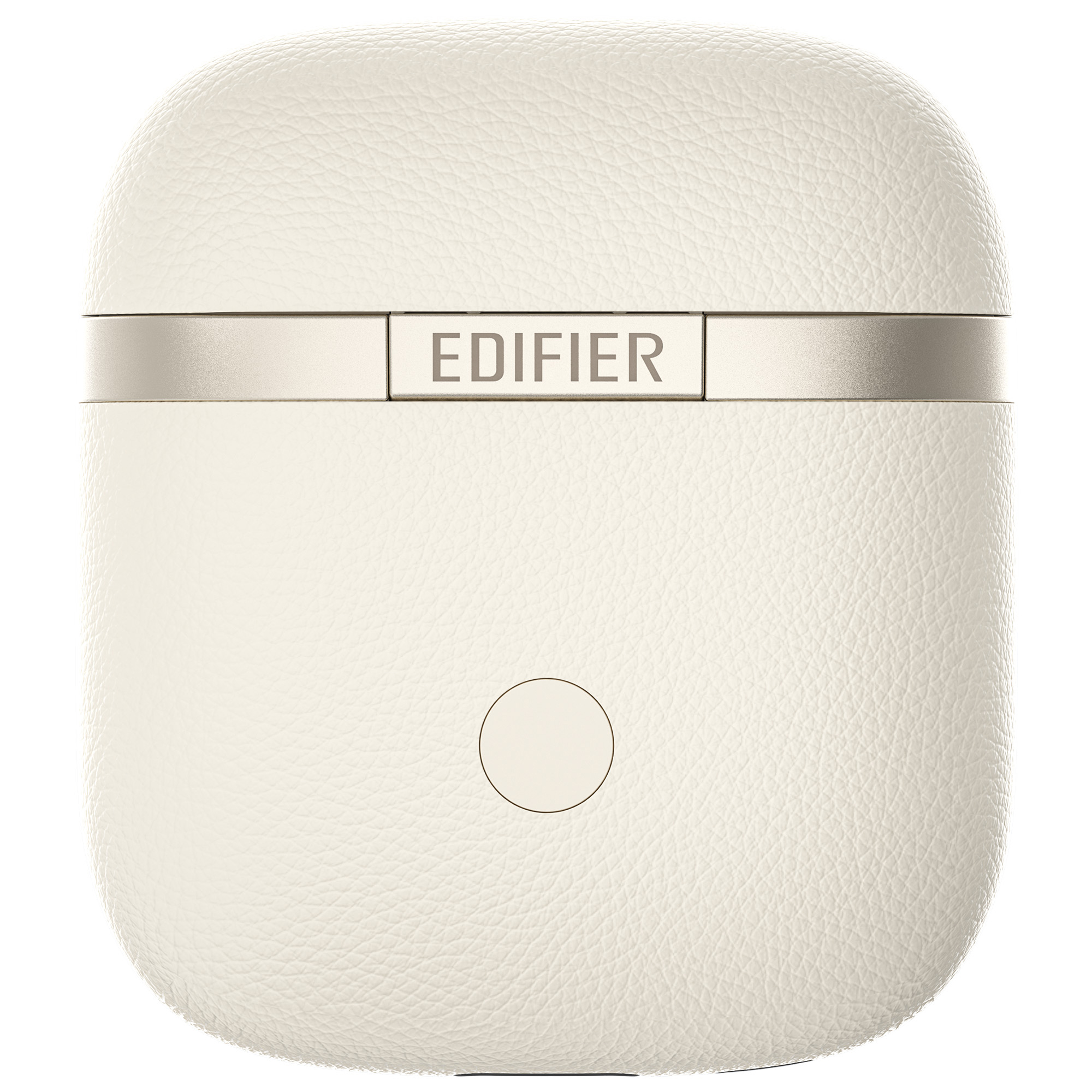 Kremowe etui na słuchawki Edifier. Ma skórzaną fakturę, srebrną opaskę z nazwą marki i okrągły przycisk.