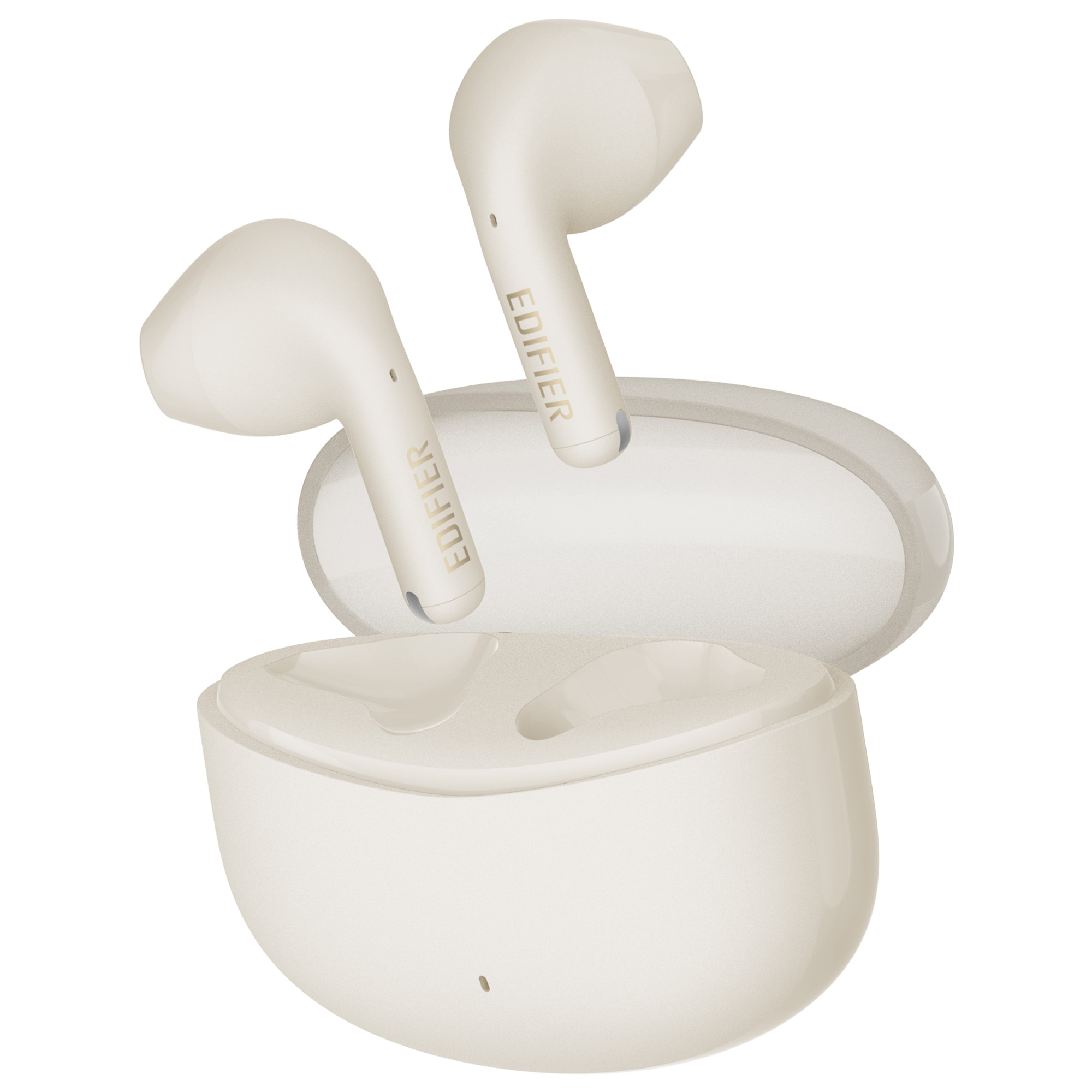 Kremowe bezprzewodowe słuchawki Edifier i etui ładujące, otwarte. Jedna słuchawka jest w etui, dwie na zewnątrz.