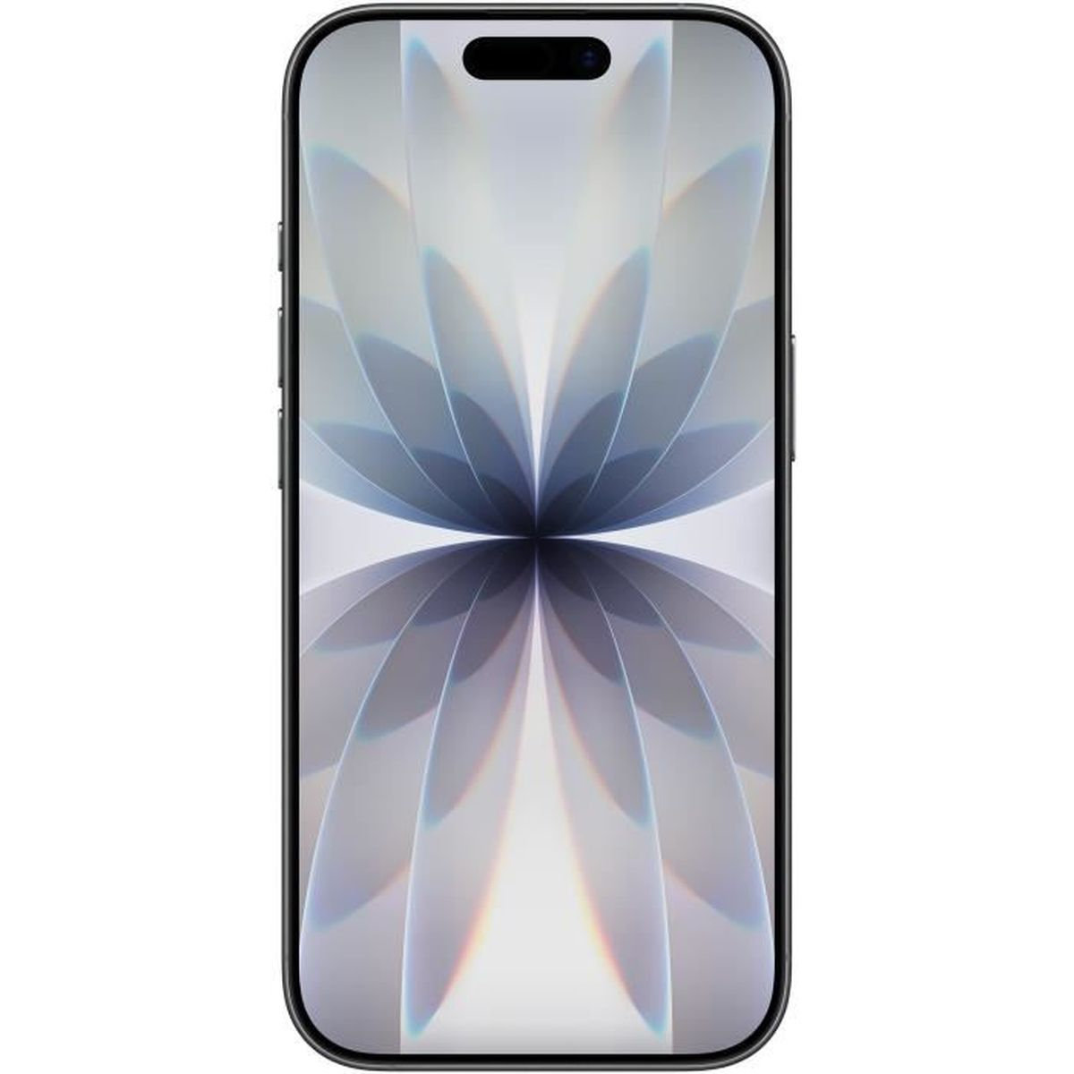 Smartfon z czarną ramką. Ekran wyświetla biało-szary abstrakcyjny wzór przypominający płatki kwiatów.