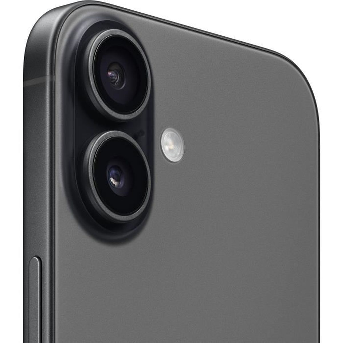 Zbliżenie modułu aparatu w smartfonie. Dwie soczewki ułożone jedna nad drugą. Obecny jest błysk. Obudowa telefonu jest szara.