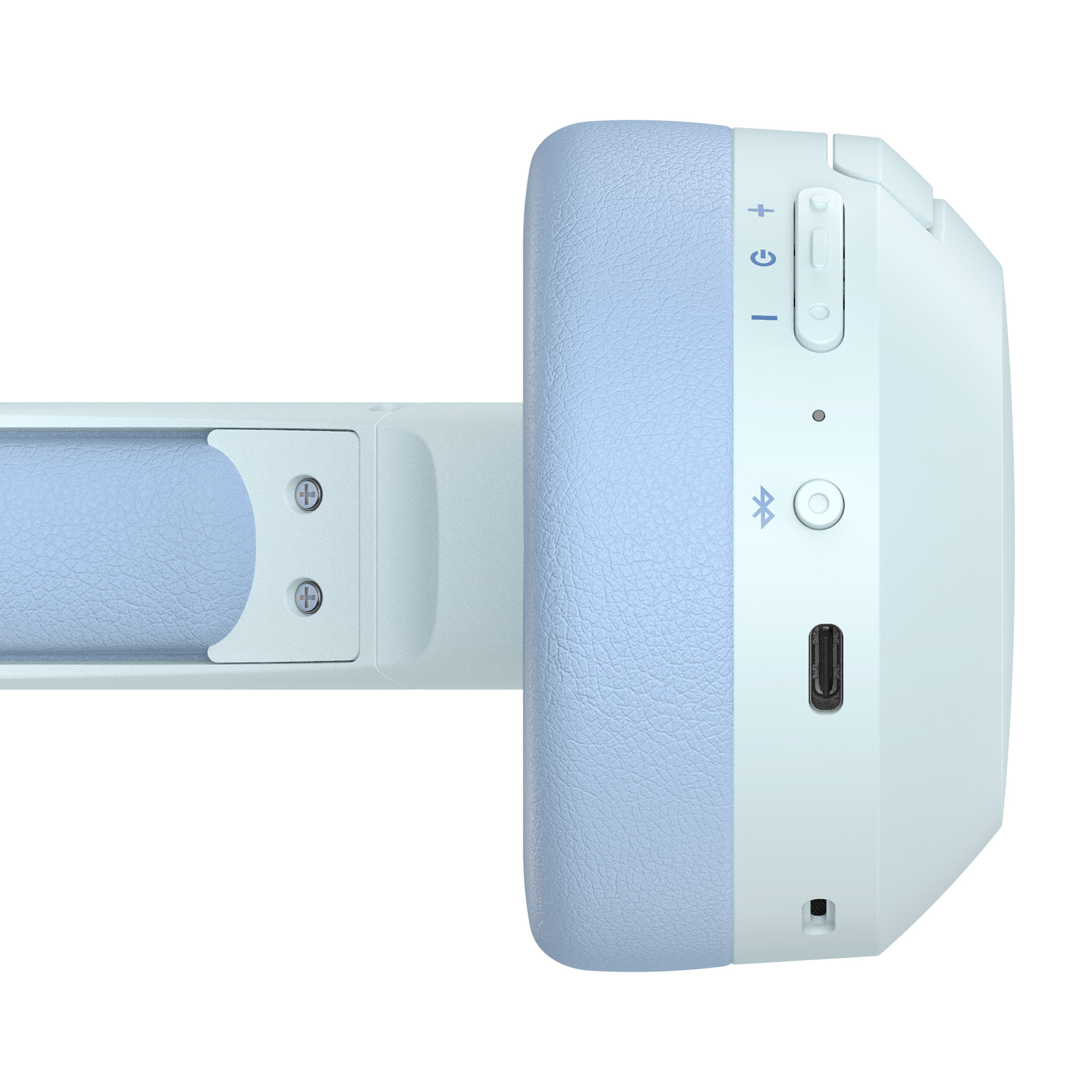Zbliżenie jasnoniebieskich słuchawek pokazuje boczne elementy sterujące, port USB i przycisk parowania Bluetooth. Nausznik jest teksturowany.