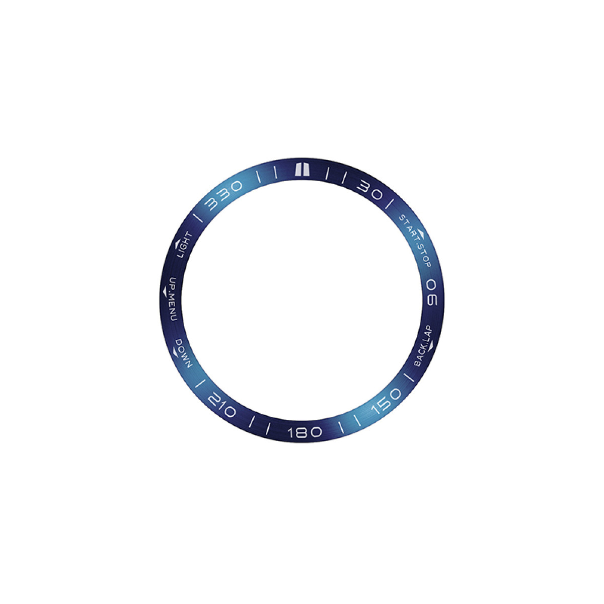 Una lunetta circolare dell'orologio in blu e bianco. Ha indicazioni per il tempo e funzioni come start/stop, giro e luce.