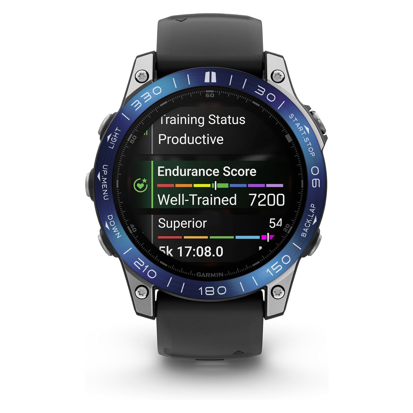 Uno smartwatch Garmin mostra le statistiche di allenamento: stato produttivo, punteggio di resistenza, stato ben allenato e tempo sui 5 km.