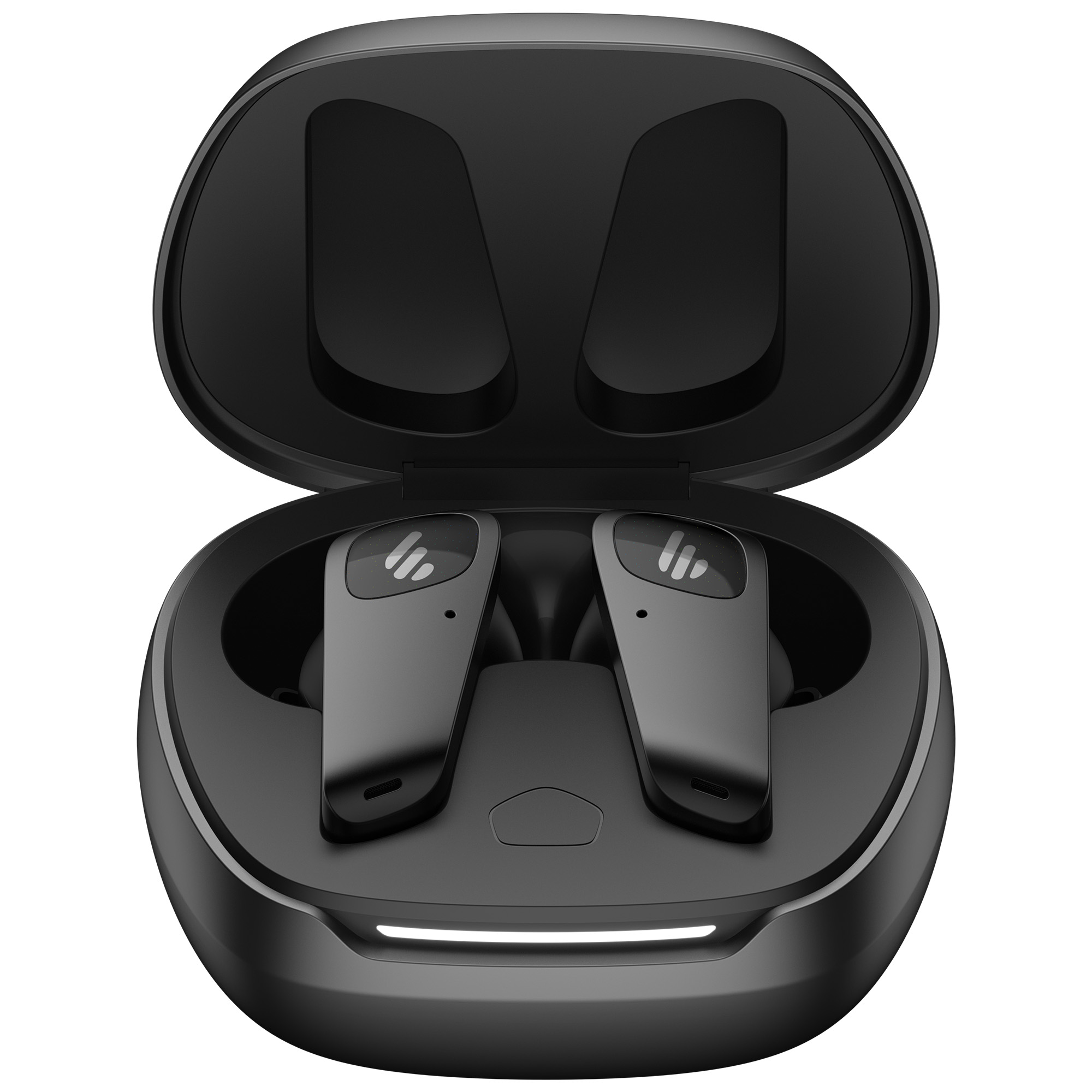 Czarne słuchawki w otwartym etui ładującym. Etui ma białe światło. Słuchawki są ciemnoszare.