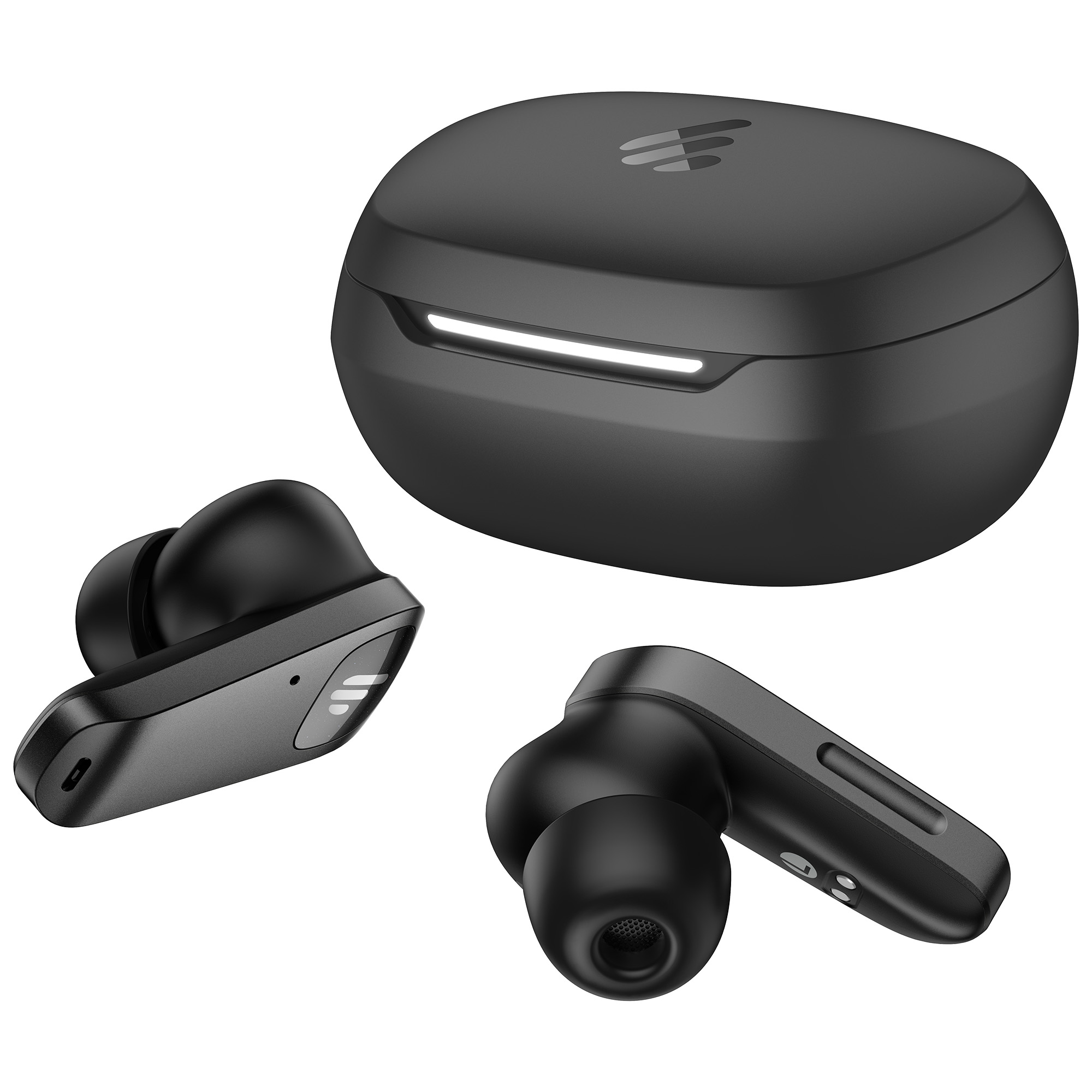 Czarne bezprzewodowe słuchawki z etui ładującym. Etui jest otwarte, a dwie słuchawki są wyświetlane na białym tle.