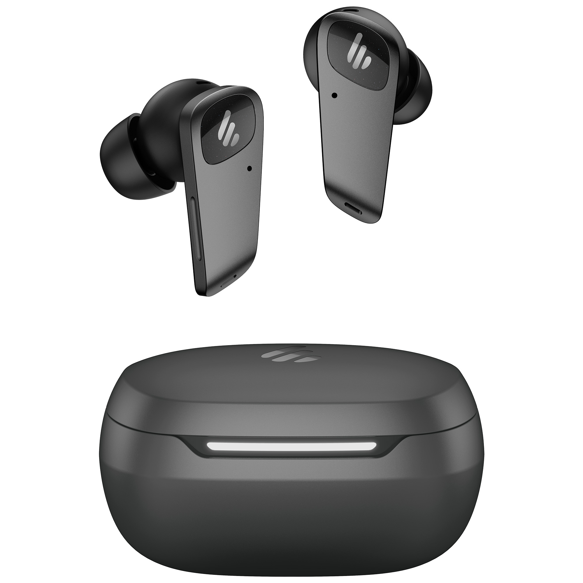 Czarne bezprzewodowe słuchawki z etui ładującym. Słuchawki są ciemnoszare z białym logo. Etui jest czarne ze światłem.