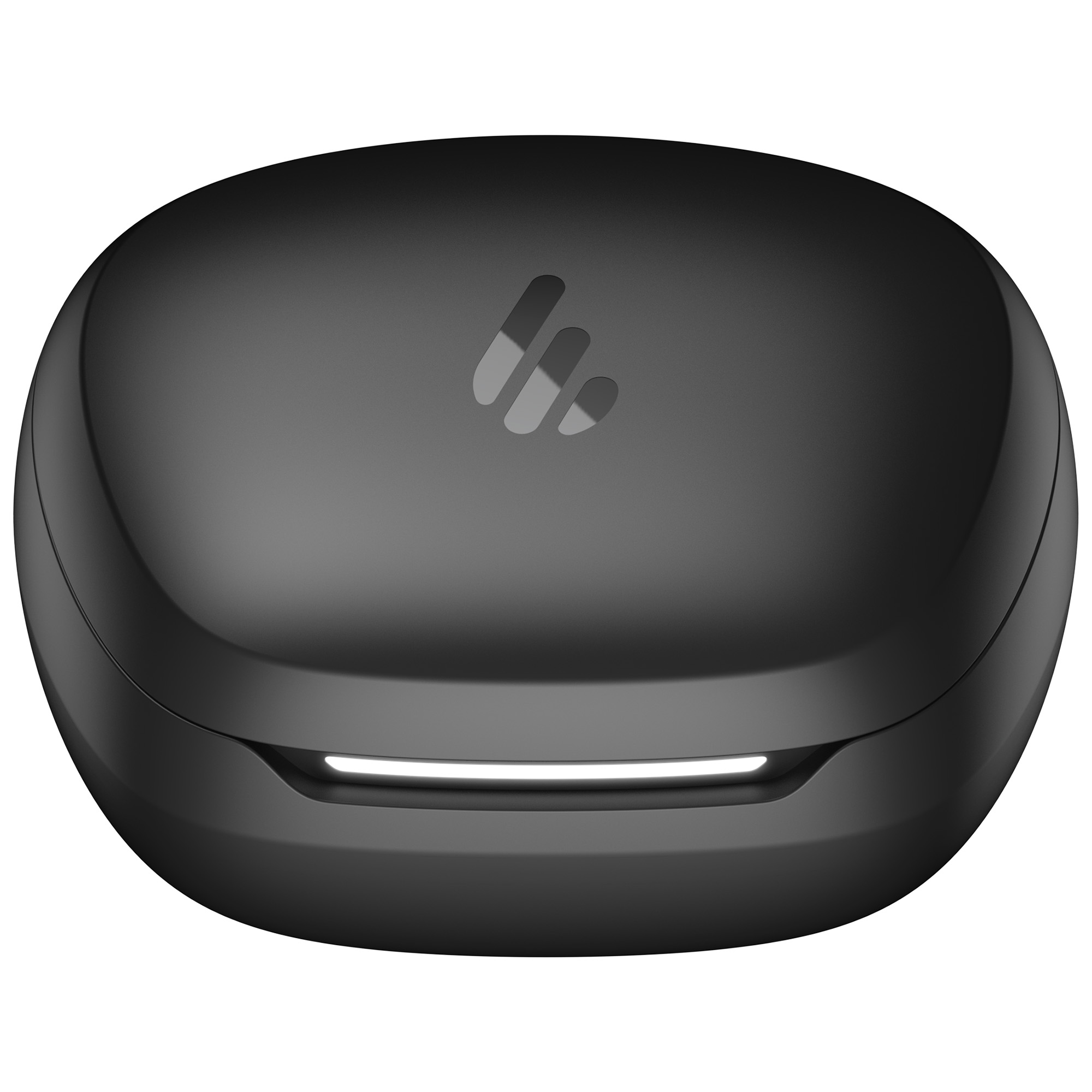 Czarne, owalne etui ładujące słuchawki. Ma logo na górze i białe światło z przodu.