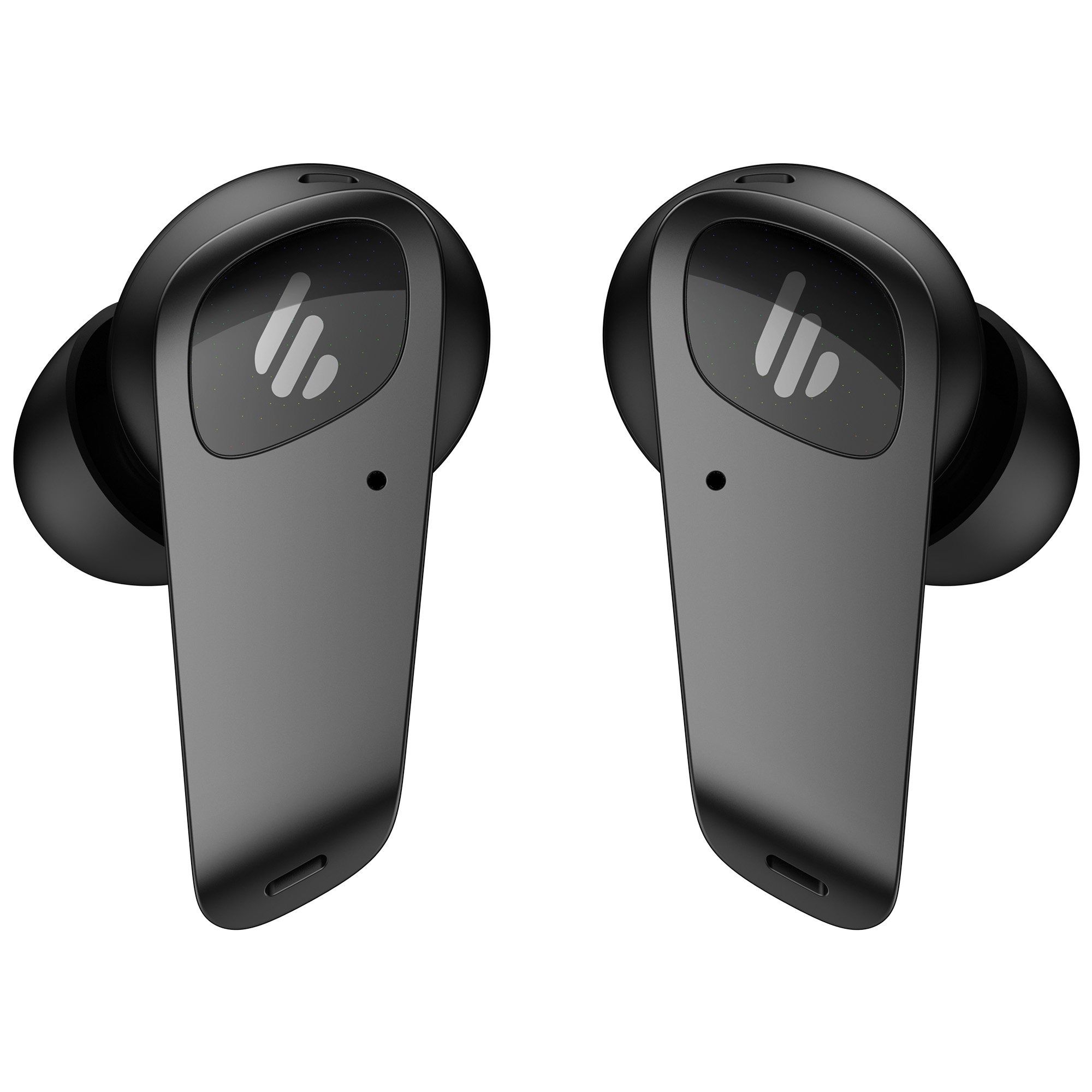 Dwa czarne bezprzewodowe słuchawki na białym tle. Każda ma logo i mały otwór.
