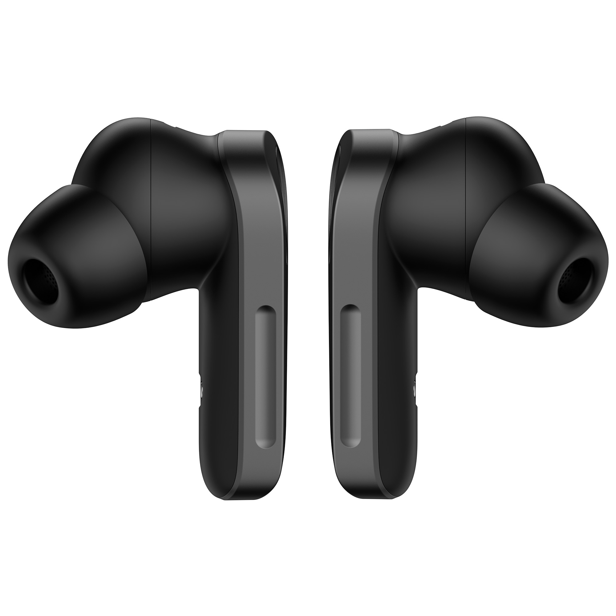 Dwa czarne bezprzewodowe słuchawki na białym tle. Każda słuchawka składa się z zaokrąglonego korpusu i wkładki dousznej.