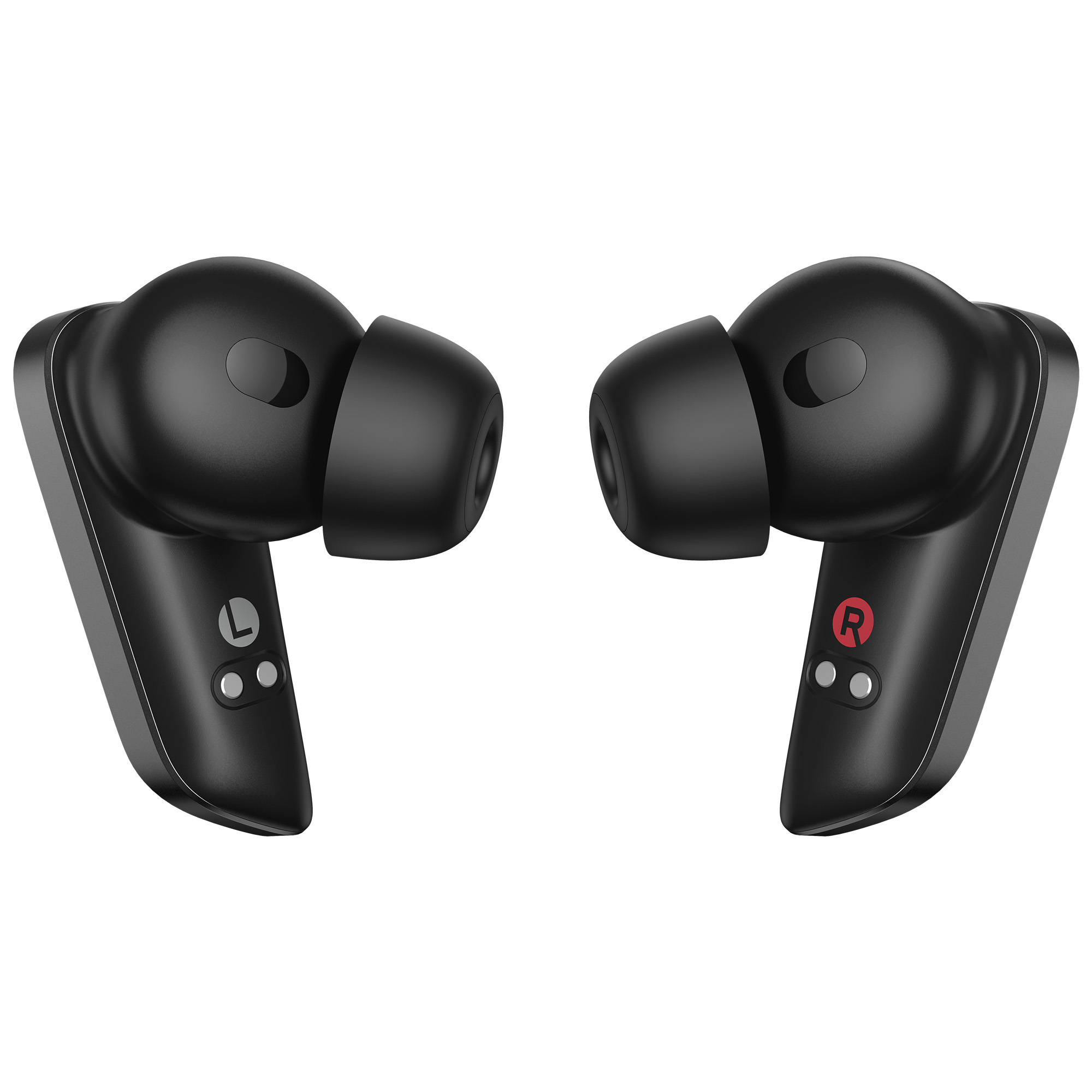 Dwa czarne bezprzewodowe słuchawki na białym tle. Jeden ma 'L', a drugi 'R'.