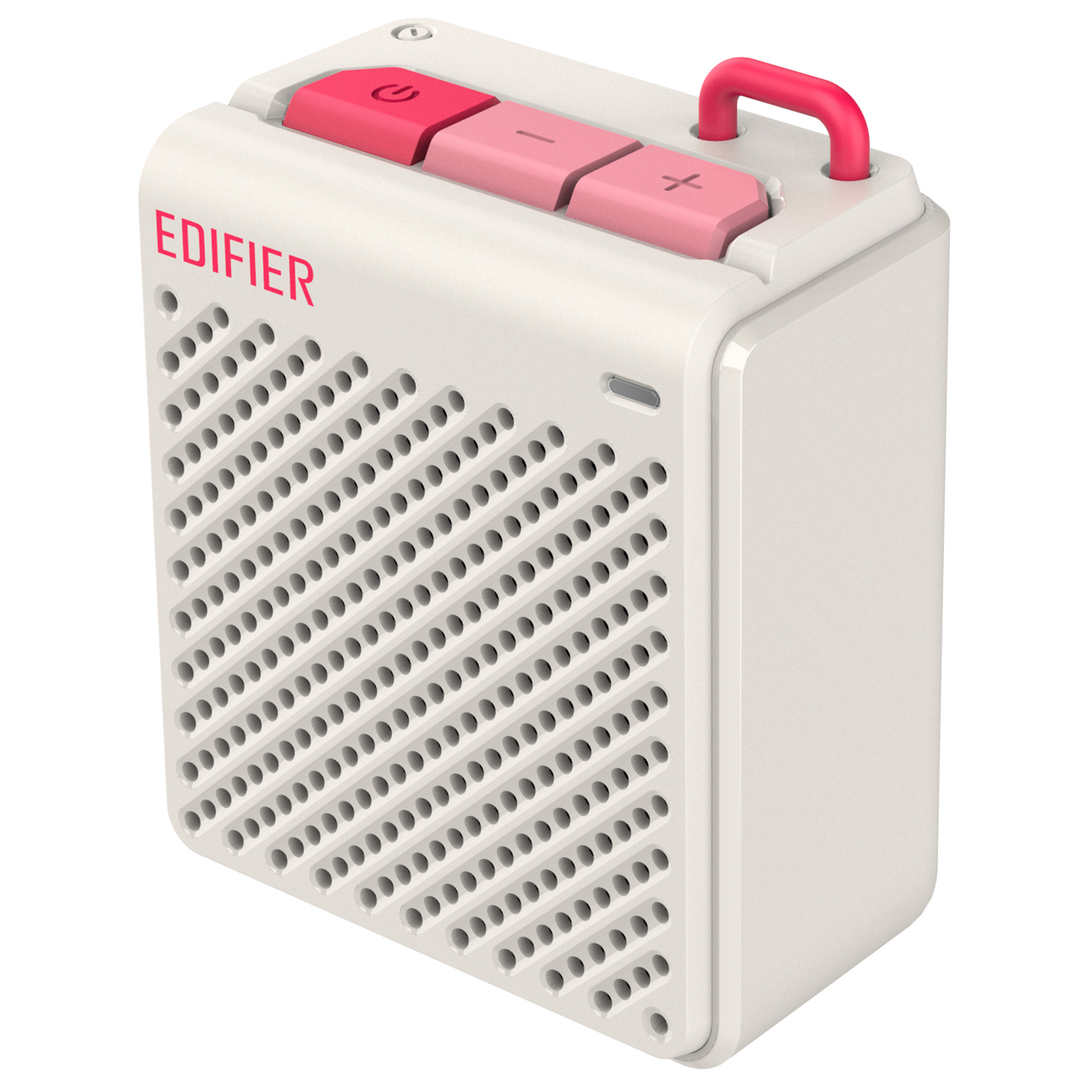 Biały głośnik z różowymi przyciskami, uchwytem i napisem 'EDIFIER'. Ma siatkę otworów.