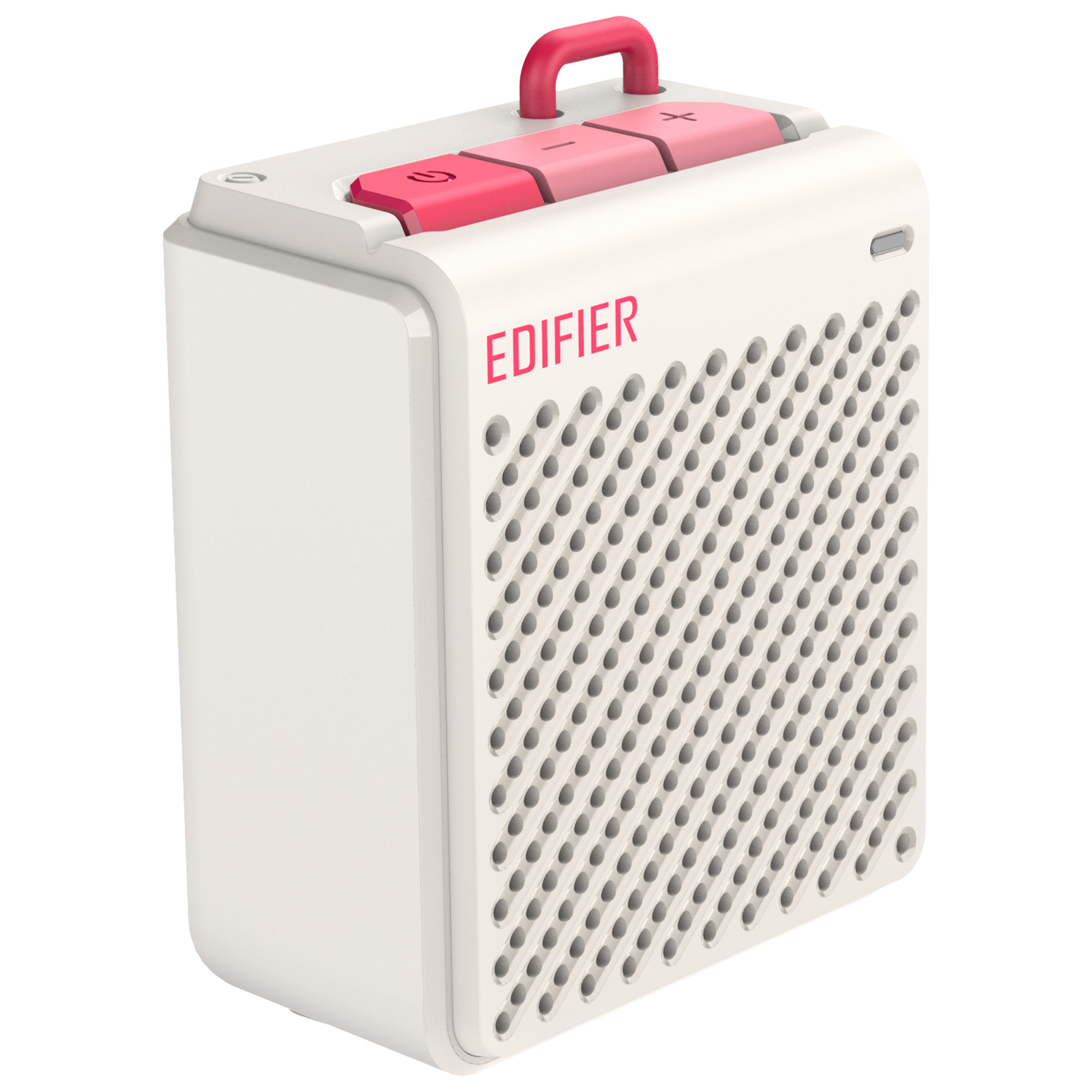 Biały głośnik Edifier z różowym uchwytem i przyciskami. Przód ma wiele małych otworów. Słowo 'EDIFIER' jest różowe.