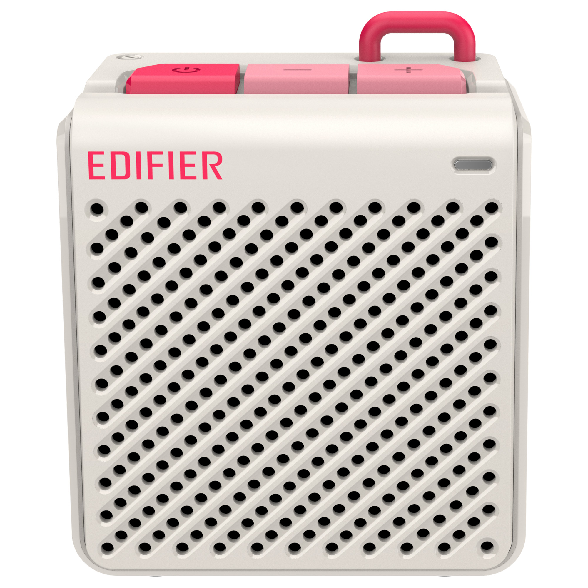 Biały głośnik z różowymi akcentami, uchwytem i przyciskami. Przód ma siatkę czarnych kropek i nazwę marki 'EDIFIER'.