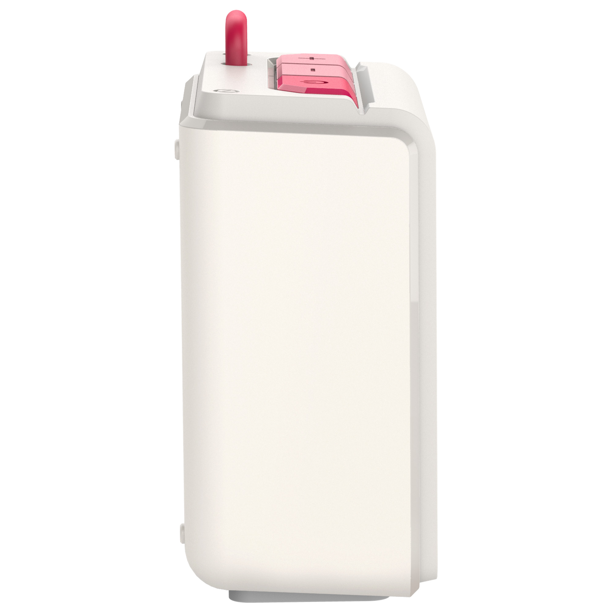 Kremowe, prostokątne urządzenie z czerwonym uchwytem i przyciskami. Widok z boku, na białym tle.