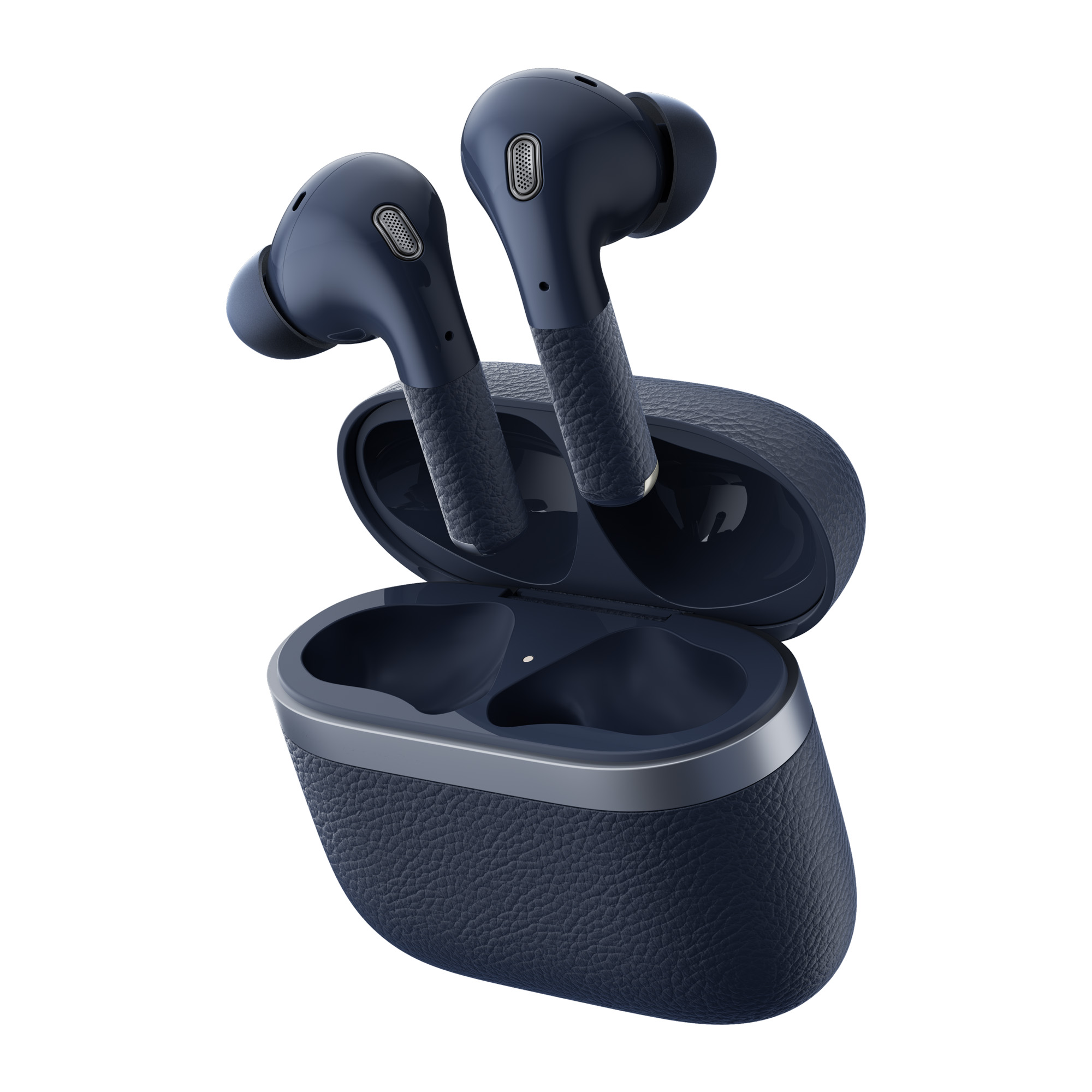 Granatowe bezprzewodowe słuchawki i etui ładujące na białym tle. Etui jest otwarte, pokazując słuchawki.