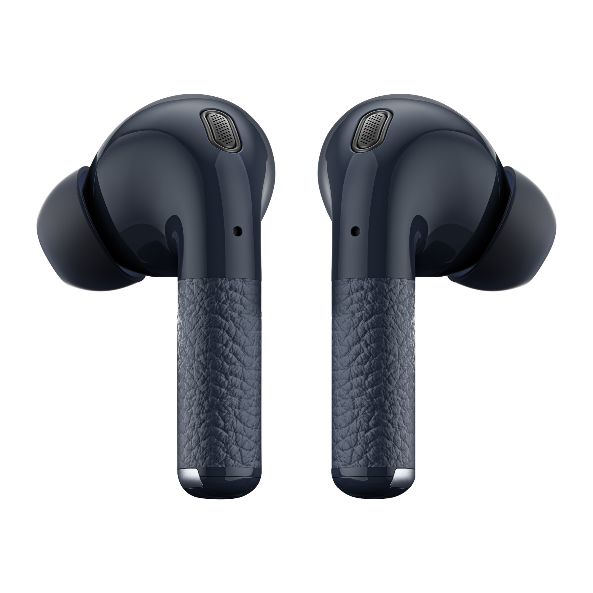 Dwa granatowe bezprzewodowe słuchawki. Każdy ma teksturowaną łodygę i zaokrągloną wkładkę douszną na białym tle.