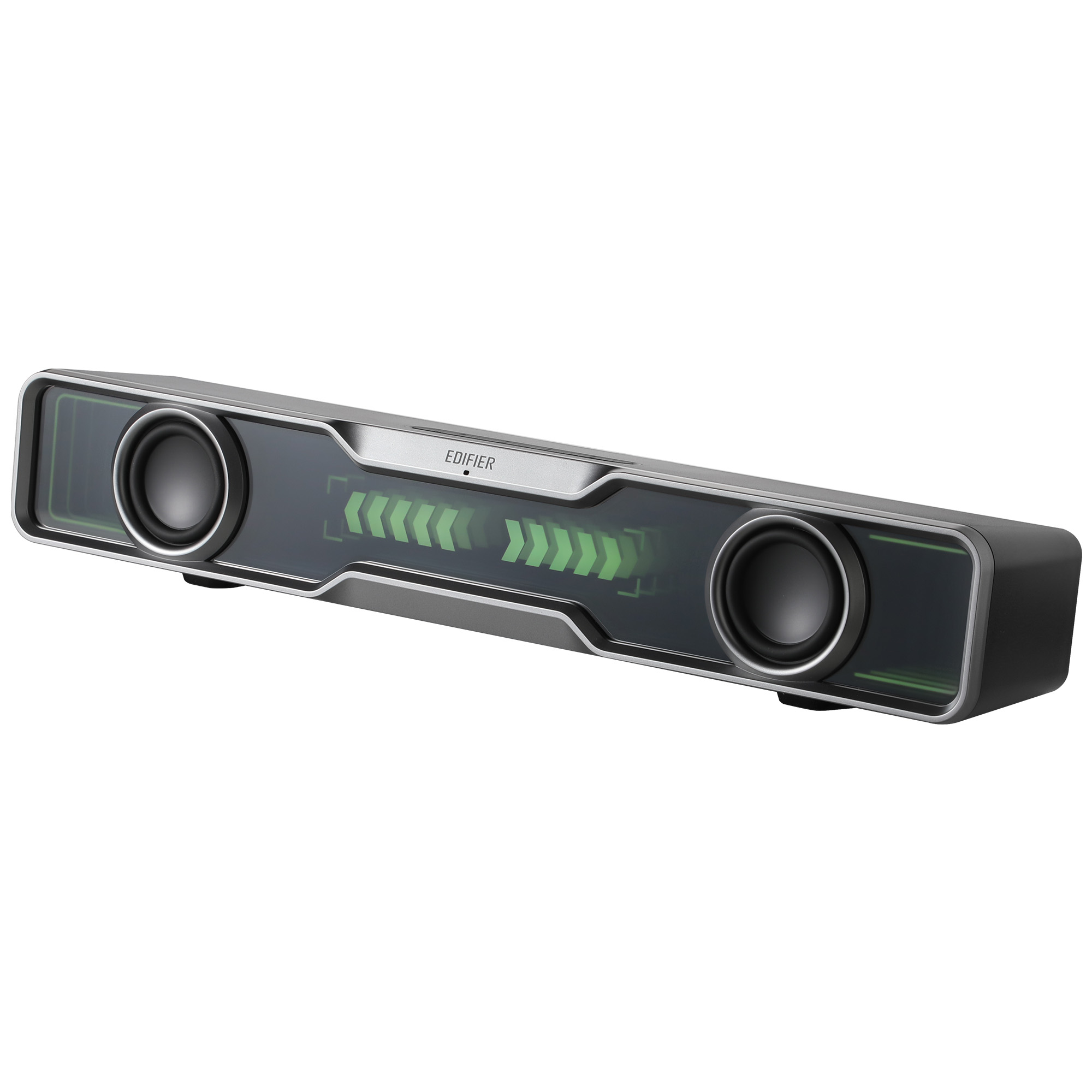 Czarny i szary soundbar Edifier z dwoma głośnikami, zielonymi podświetleniami i centralnym wyświetlaczem ze strzałkami.
