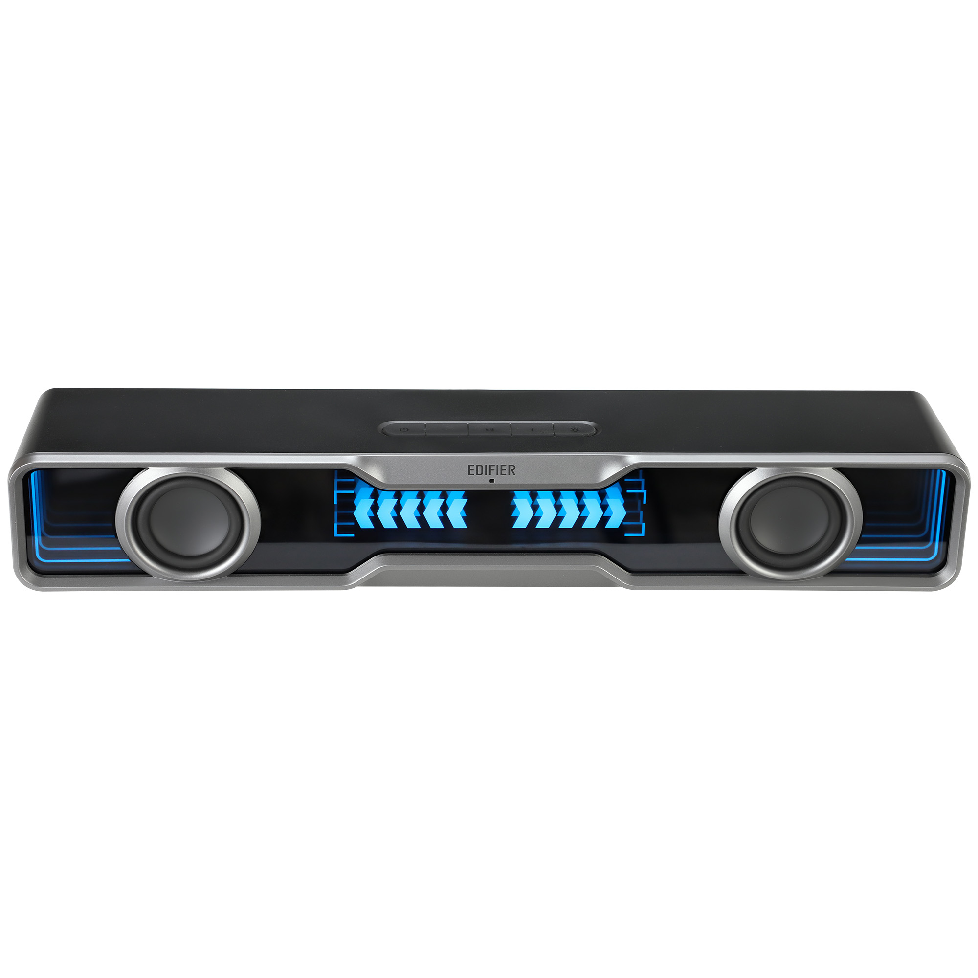 Czarny głośnik ze srebrnymi wykończeniami i niebieskimi światłami. Ma dwa głośniki i markę Edifier pośrodku.