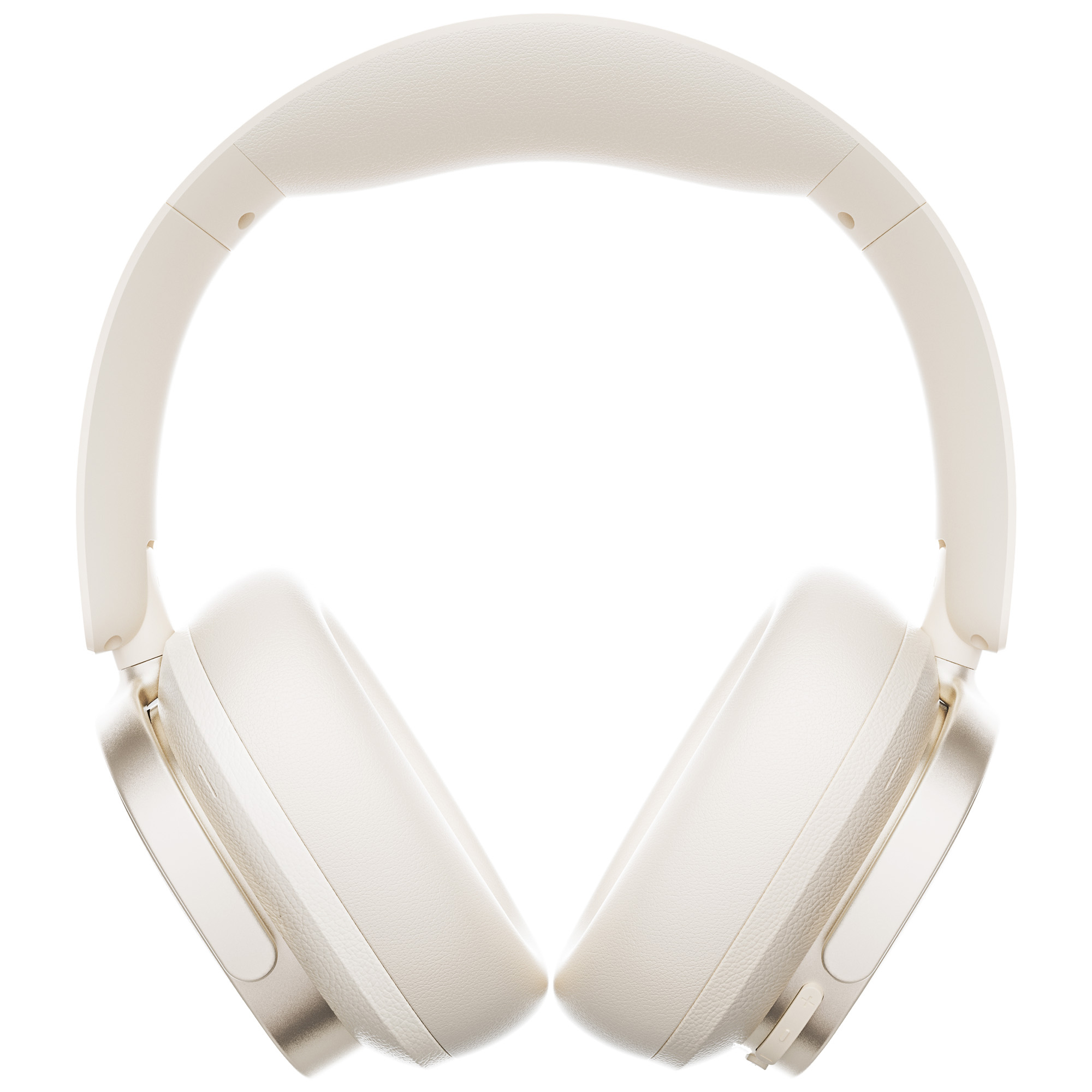 Kremowe słuchawki, widok z przodu, na białym tle. Widoczne nauszniki i pałąk. Design wydaje się nowoczesny i elegancki.