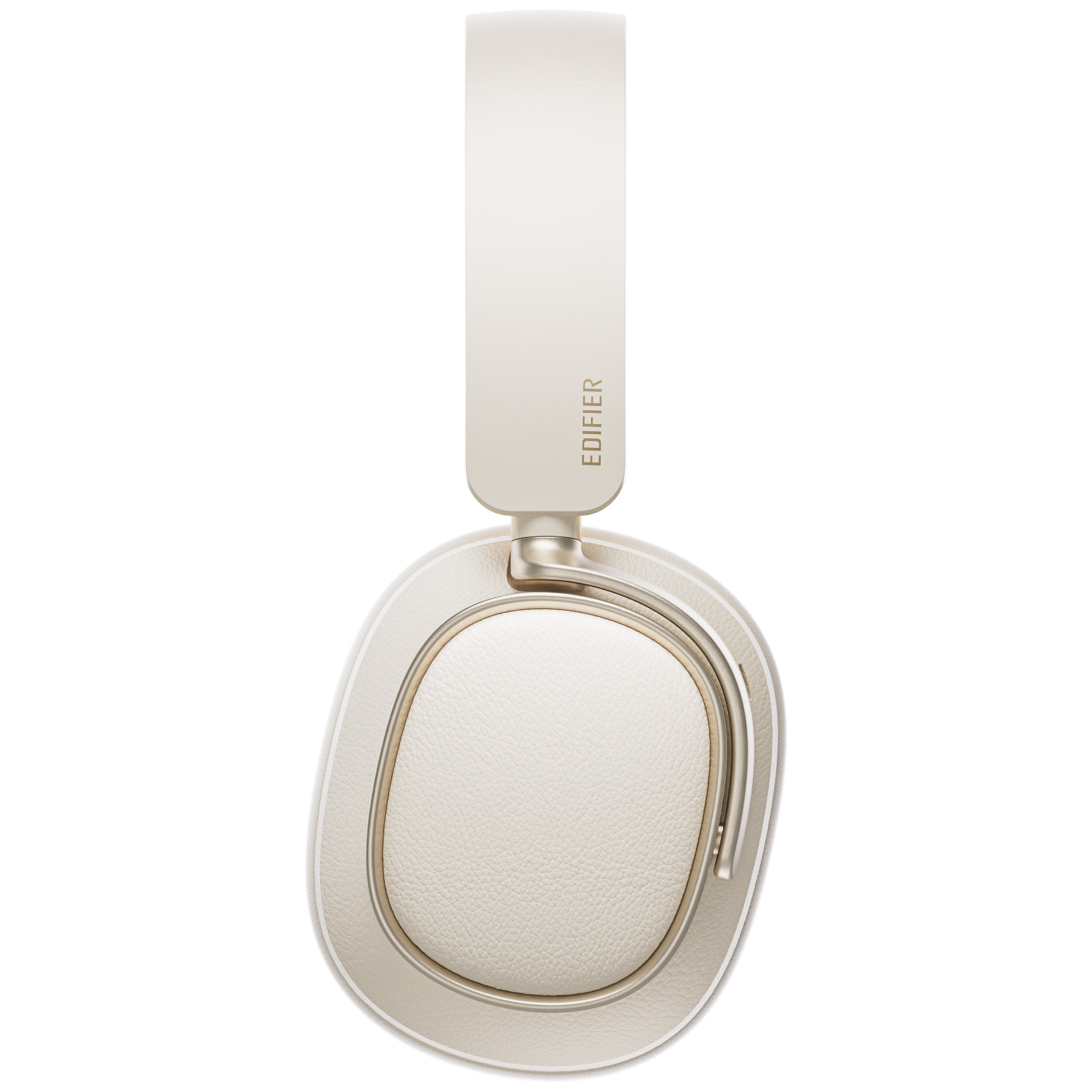 Kremowe słuchawki z napisem 'EDIFIER' na pałąku. Nauszniki są owalne. Tło jest białe.