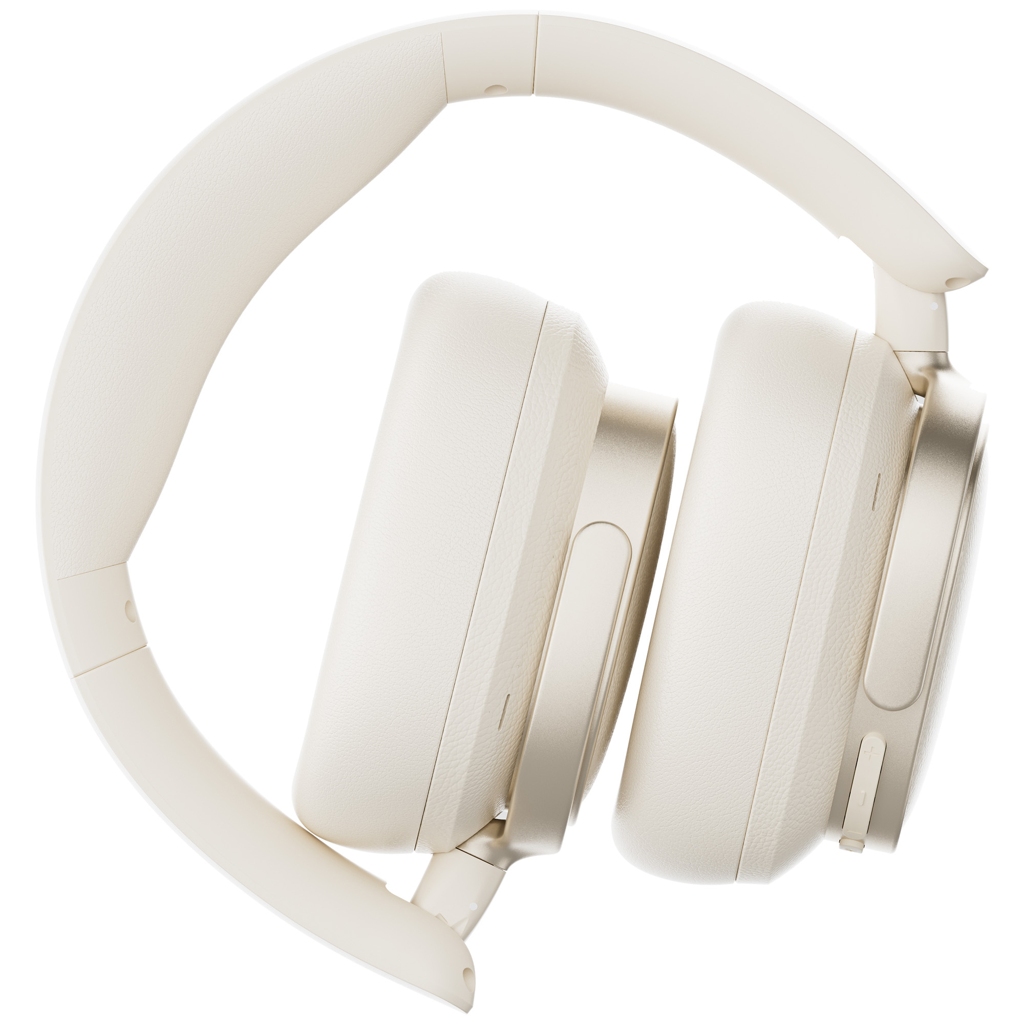 Kremowe słuchawki, złożone. Muszle i pałąk widoczne na białym tle.