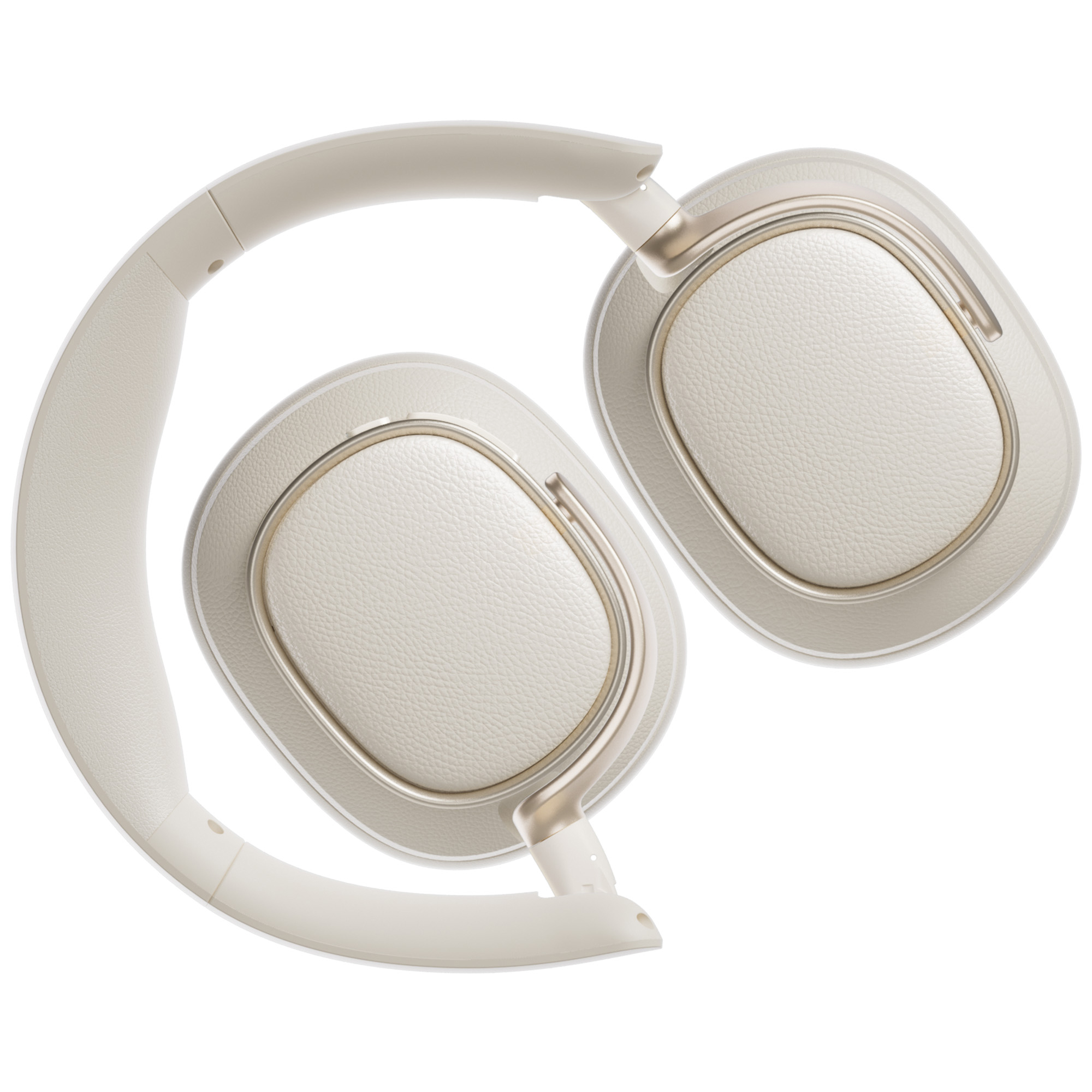 Kremowe słuchawki. Muszle mają teksturowaną powierzchnię z metalowym obramowaniem. Pałąk jest zakrzywiony.