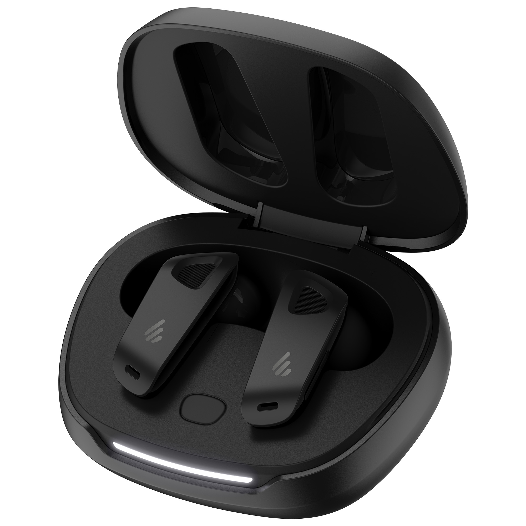 Otwarty, czarny futerał ładujący słuchawki, pokazujący dwie czarne słuchawki. Futerał ma białe światło na dole.