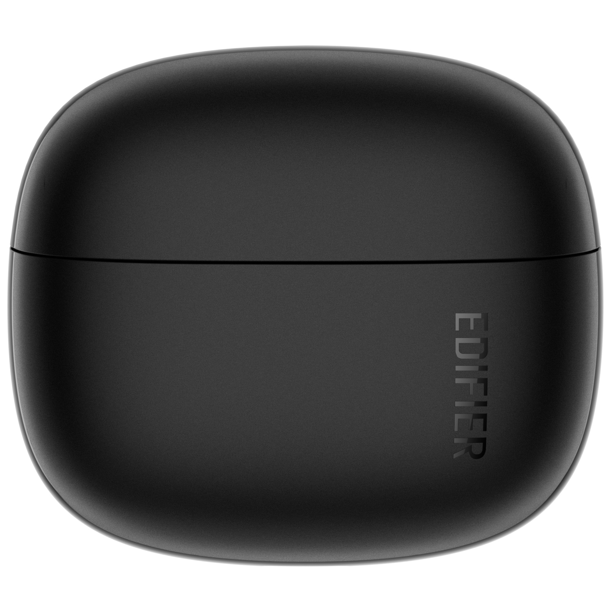 Zbliżenie czarnego etui ładującego słuchawki Edifier. Etui jest owalne i ma na sobie nazwę marki.
