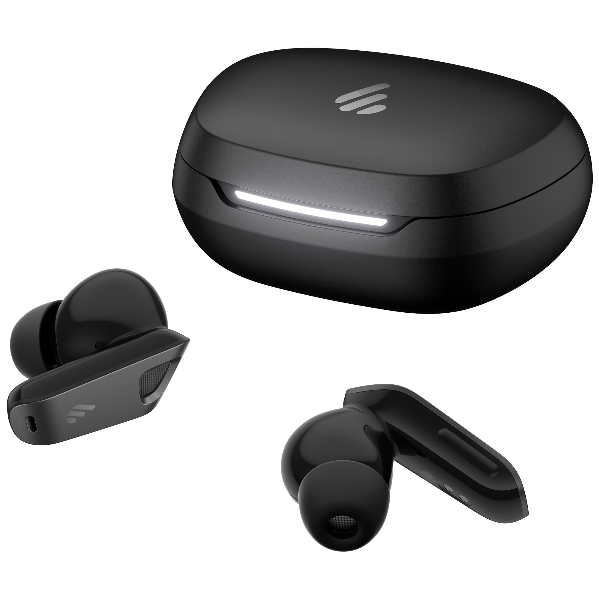 Czarne bezprzewodowe słuchawki z etui ładującym. Etui ma światło. Dwie słuchawki osobno.