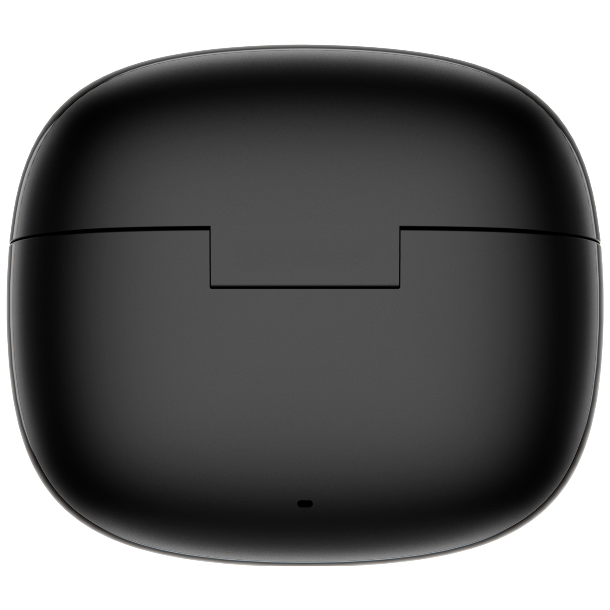 Zbliżenie czarnego, owalnego etui na słuchawki z klapką. Etui znajduje się na białym tle.