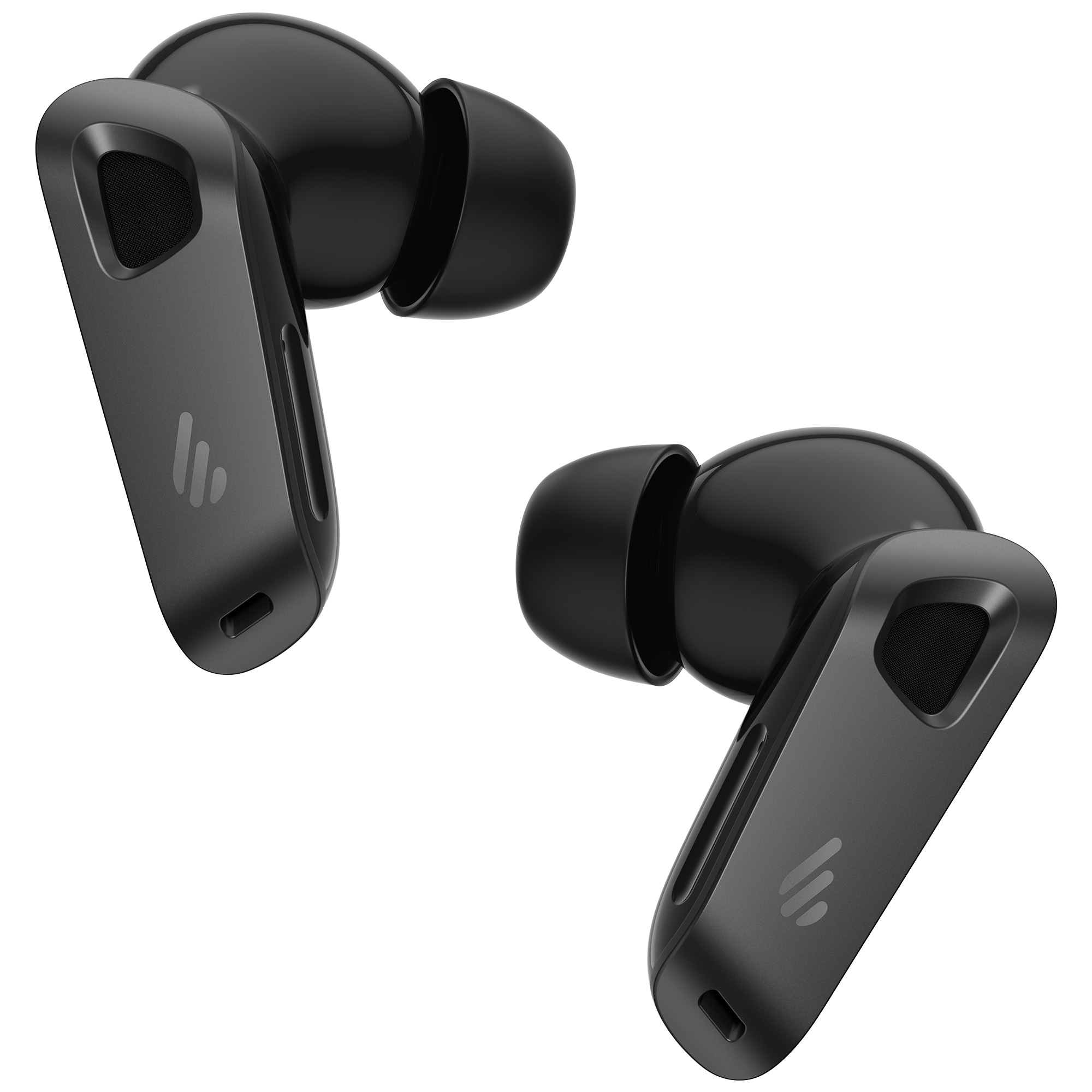 Dwa czarne bezprzewodowe słuchawki na białym tle. Każda słuchawka ma korpus i końcówkę douszną.