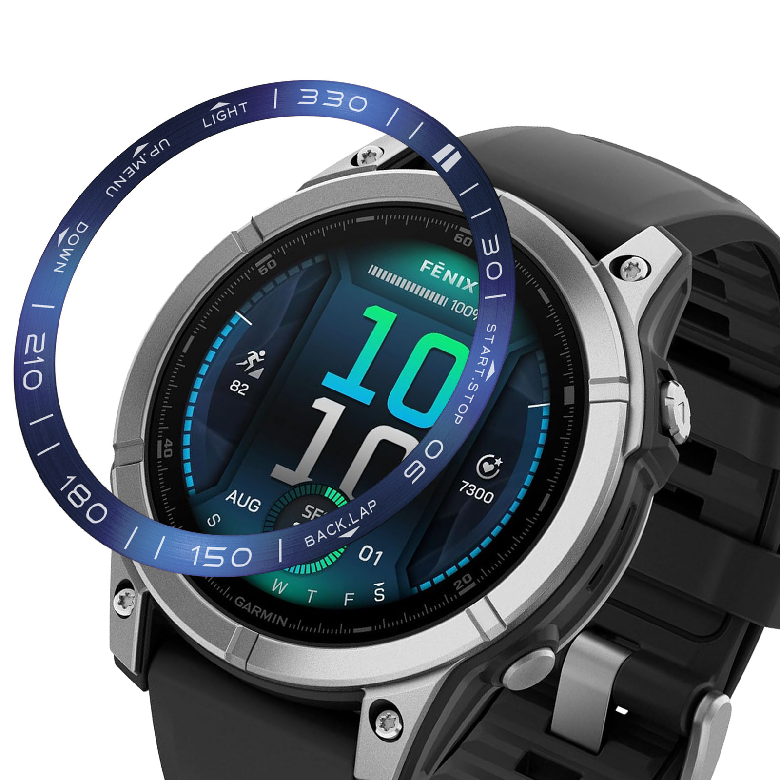 Uno smartwatch Garmin Fenix con cinturino nero, che mostra dati sullo schermo. Una lunetta blu circonda il quadrante.