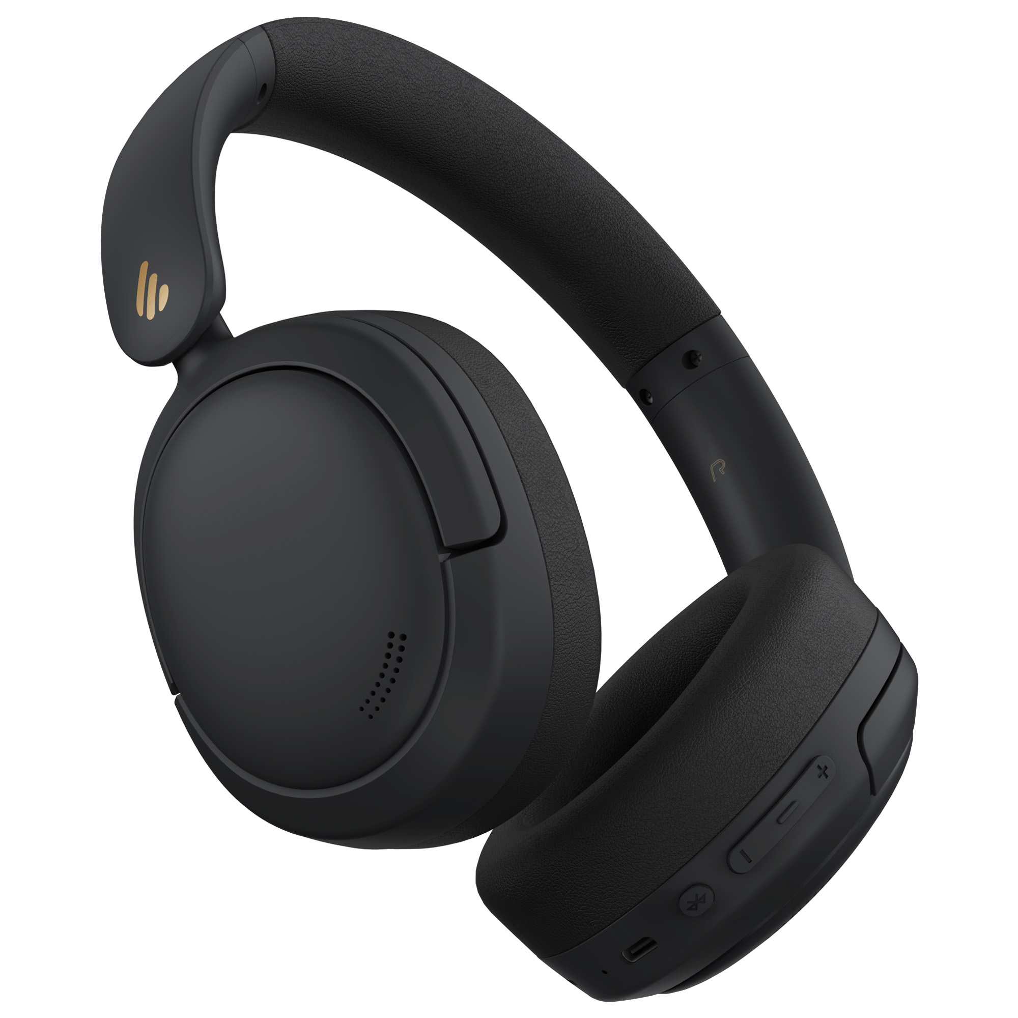 Czarne słuchawki bezprzewodowe na białym tle. Zawierają: nauszniki, pałąk i przyciski sterowania.