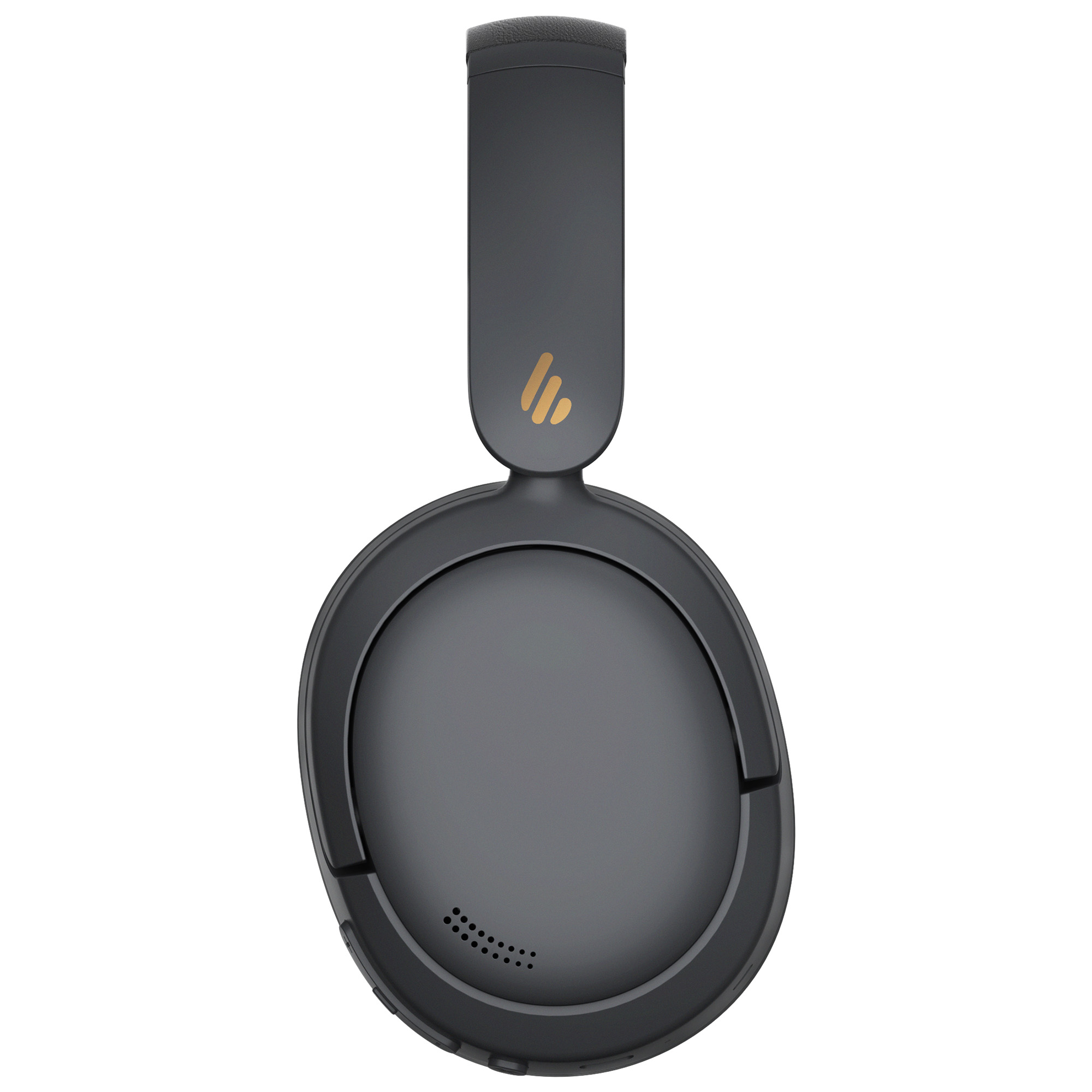 Zbliżenie ciemnoszarych słuchawek. Słuchawki mają regulowany pałąk i nauszniki na białym tle.