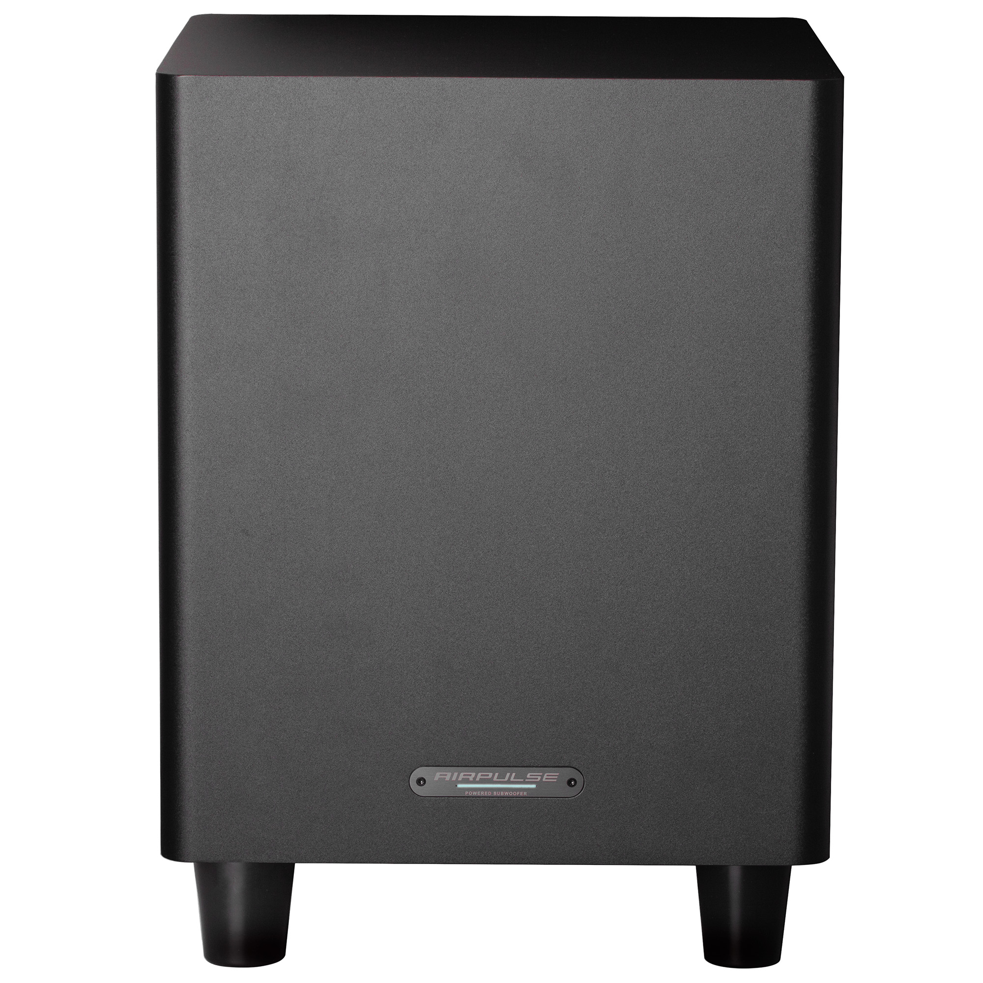 Czarny subwoofer z teksturowaną powierzchnią, czterema czarnymi nóżkami i logo AIRPULSE.