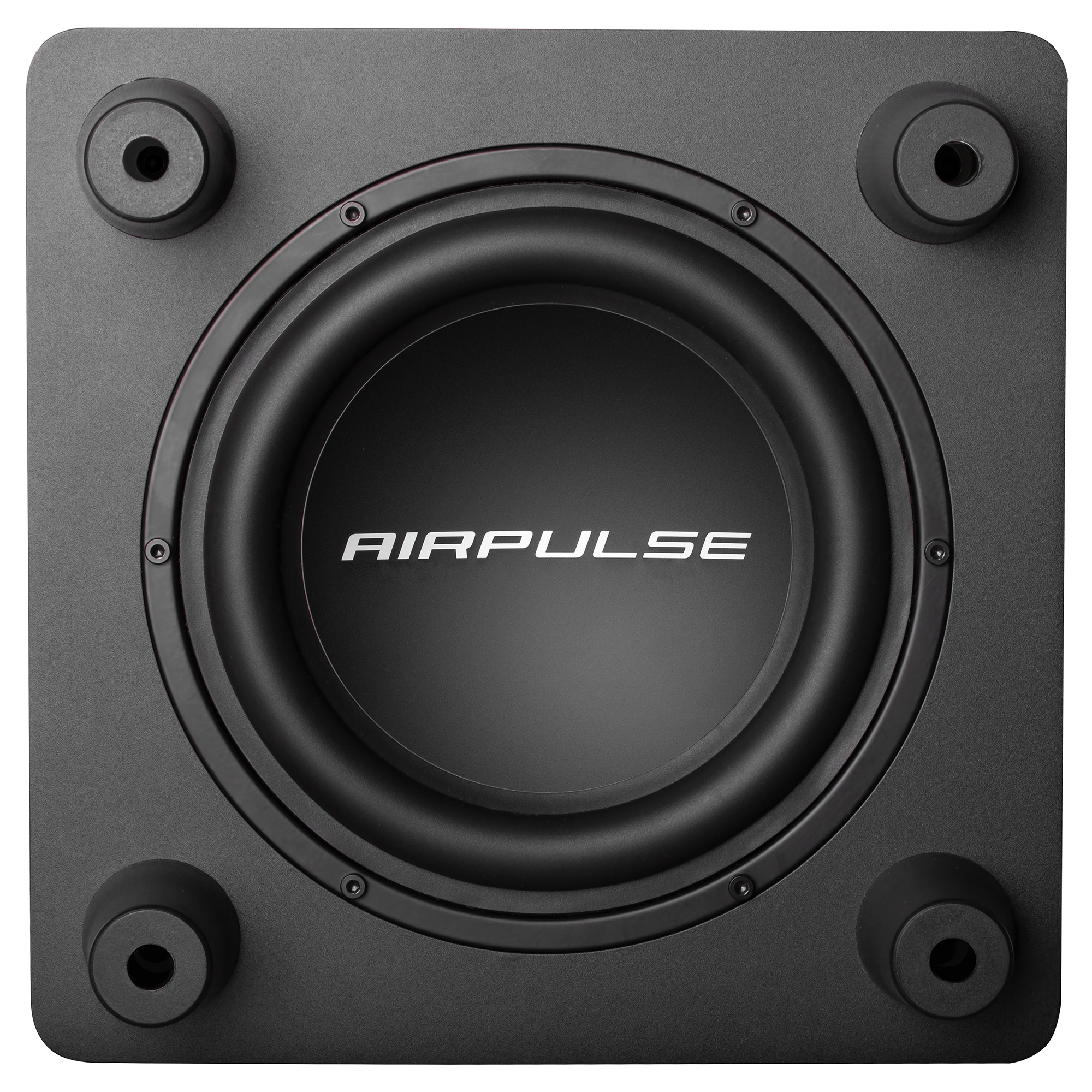 Kwadratowy, czarny subwoofer z centralnym głośnikiem. Widoczna nazwa marki 'AIRPULSE'. Cztery czarne nóżki w rogach.