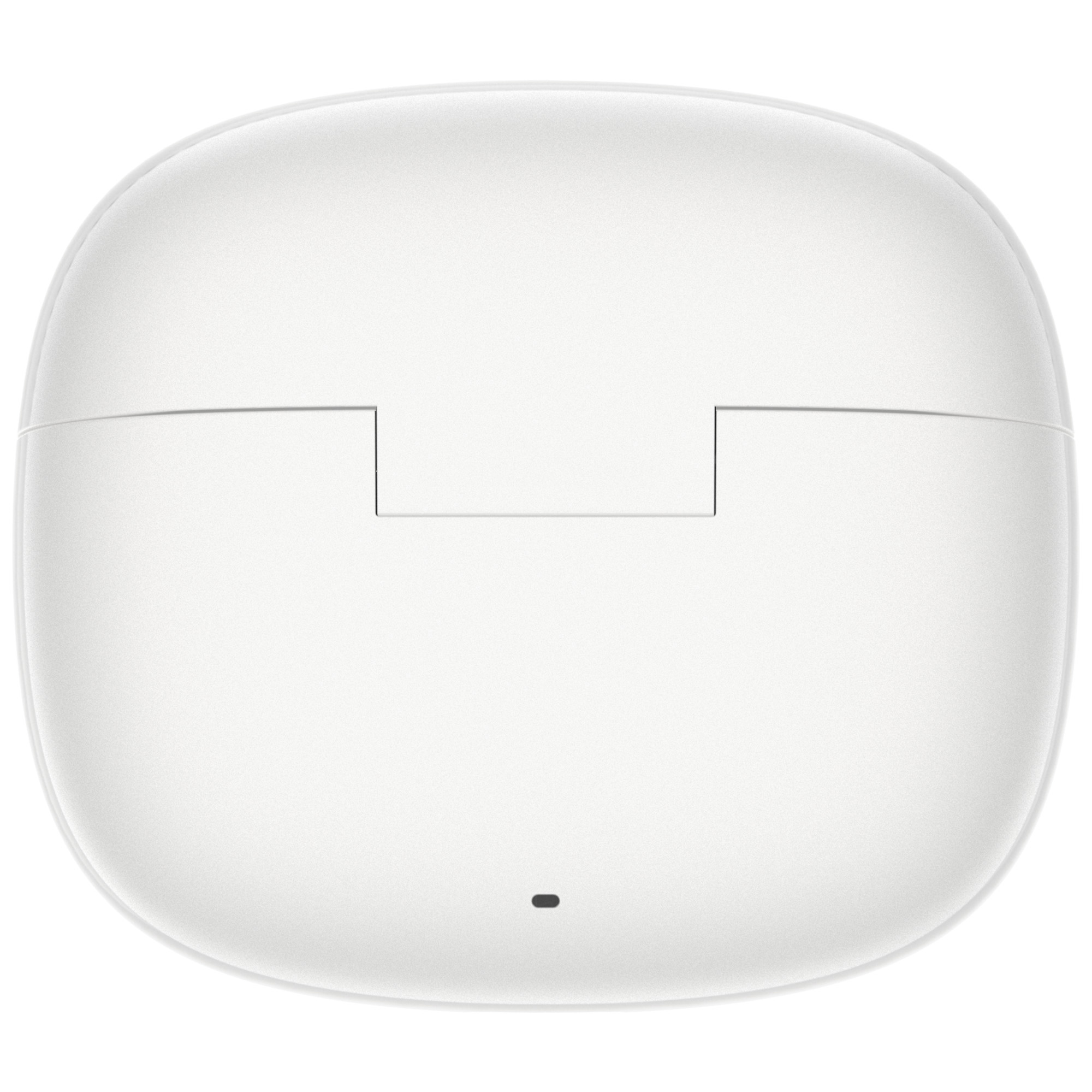 Zamknięte, białe, owalne etui na słuchawki. Ma małą czarną kropkę na dole i prostokątny otwór na górze.