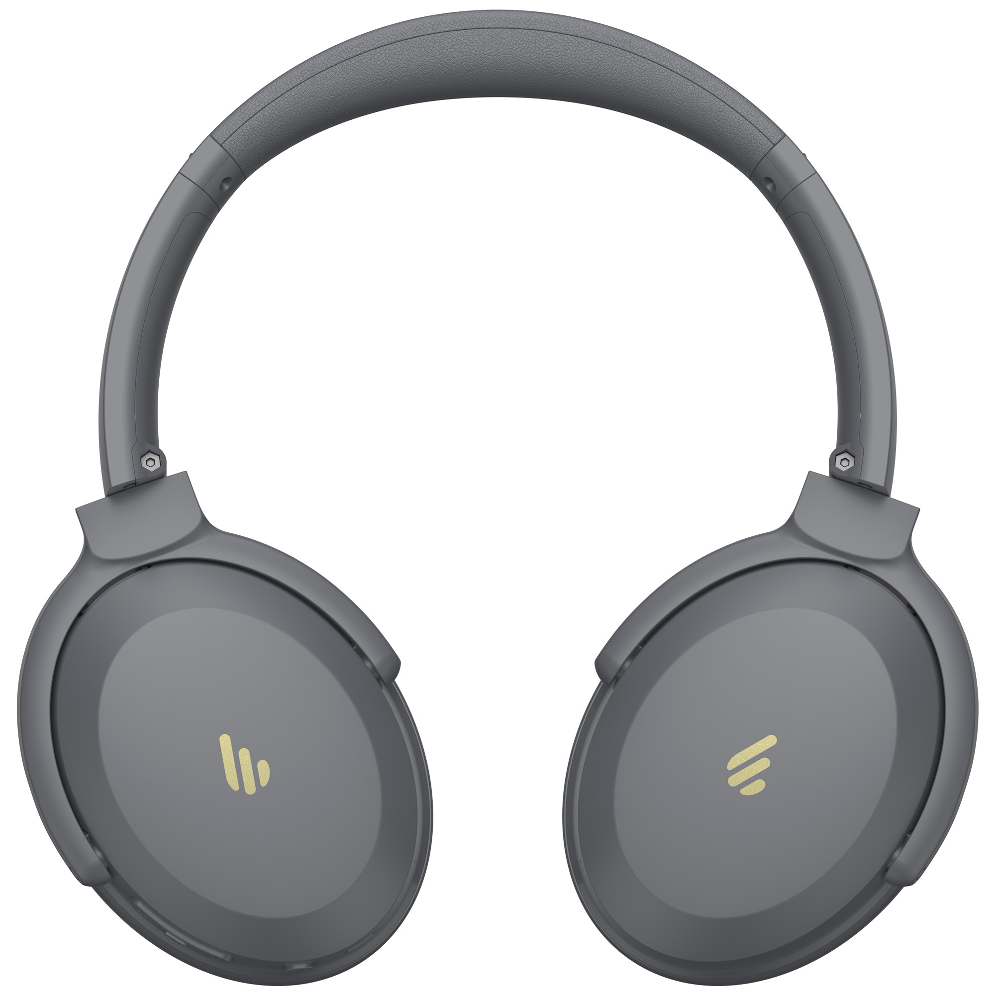 Szare słuchawki z pałąkiem i nausznikami. Złote logo na nausznikach. Białe tło.
