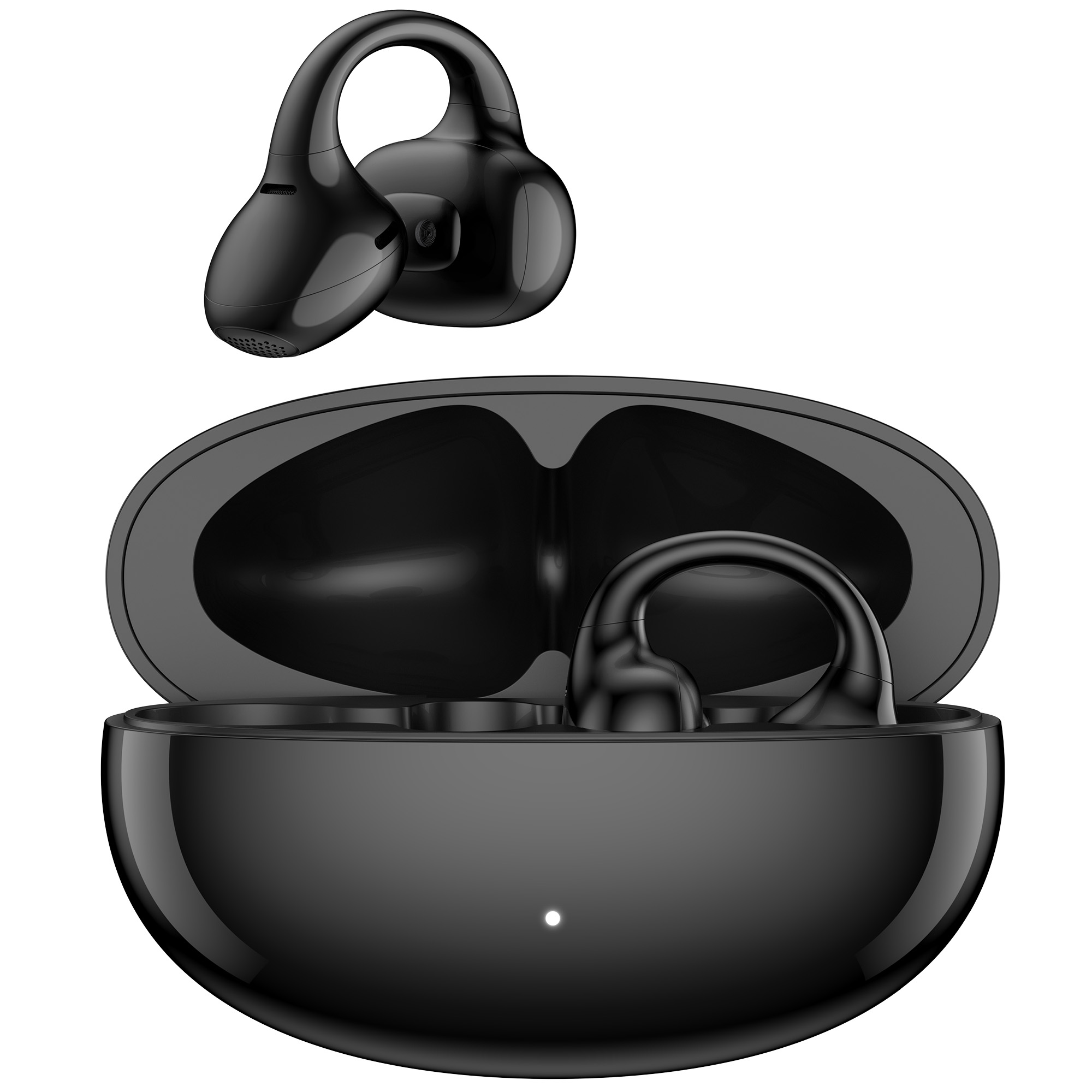 Czarne bezprzewodowe słuchawki z etui ładującym. Słuchawki są w i poza etui. Białe tło.