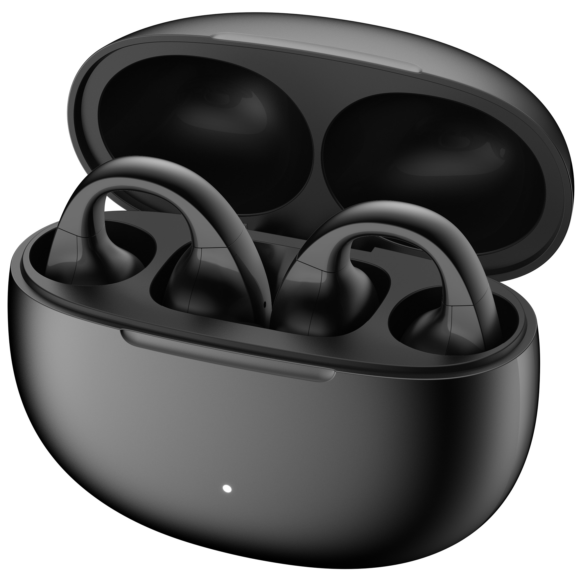 Czarne bezprzewodowe słuchawki w otwartym etui ładującym. Etui i słuchawki są błyszcząco czarne.