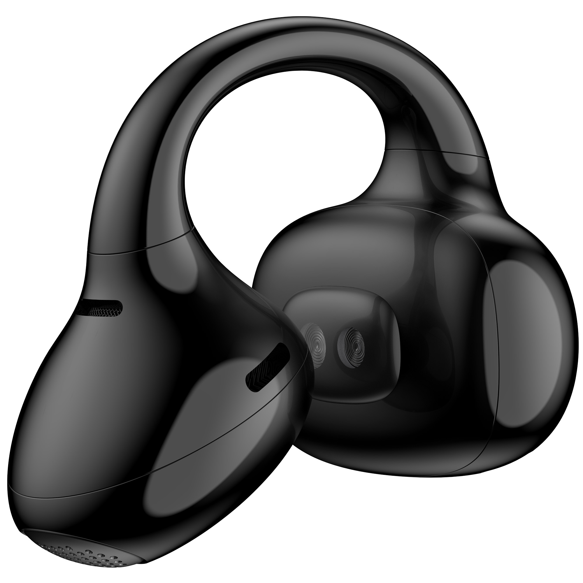 Czarny, błyszczący pączek douszny, o zakrzywionym kształcie, na białym tle. Pokazuje przód i tył urządzenia.