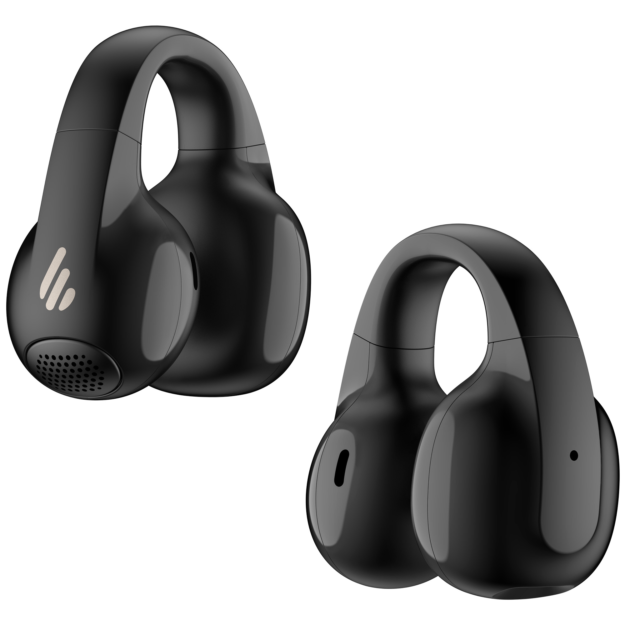 Dwa czarne, nowocześnie zaprojektowane bezprzewodowe słuchawki douszne o zakrzywionym kształcie, na białym tle. Jeden ma logo.