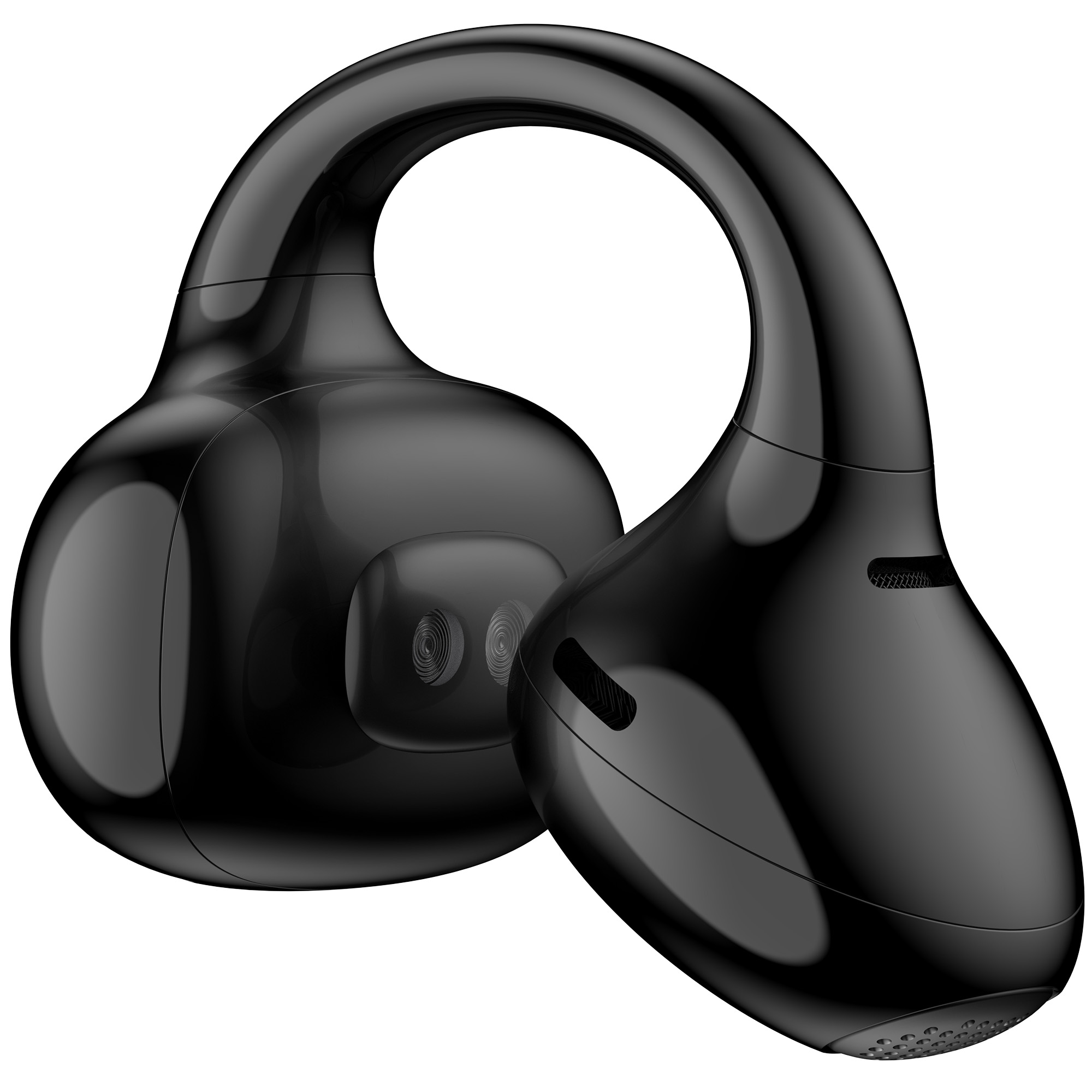 Dwa czarne, błyszczące, bezprzewodowe słuchawki douszne w stylu zaczepu na ucho. Jedna jest ostra, druga nieco z tyłu. Białe tło.