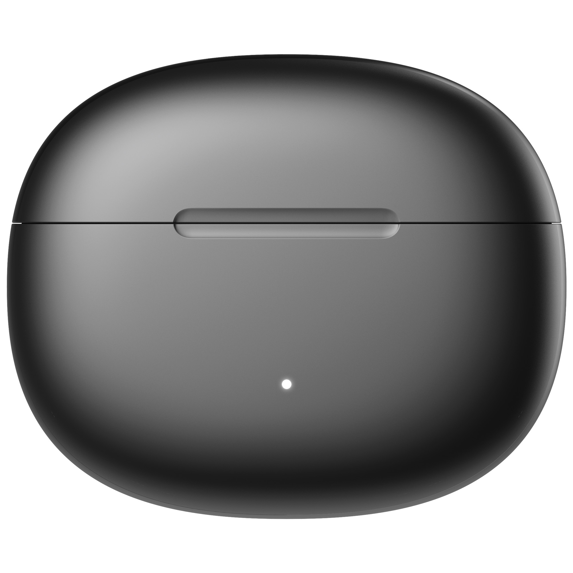 Zbliżenie szarego, owalnego etui ładującego słuchawki z małym białym światełkiem i pokrywką.