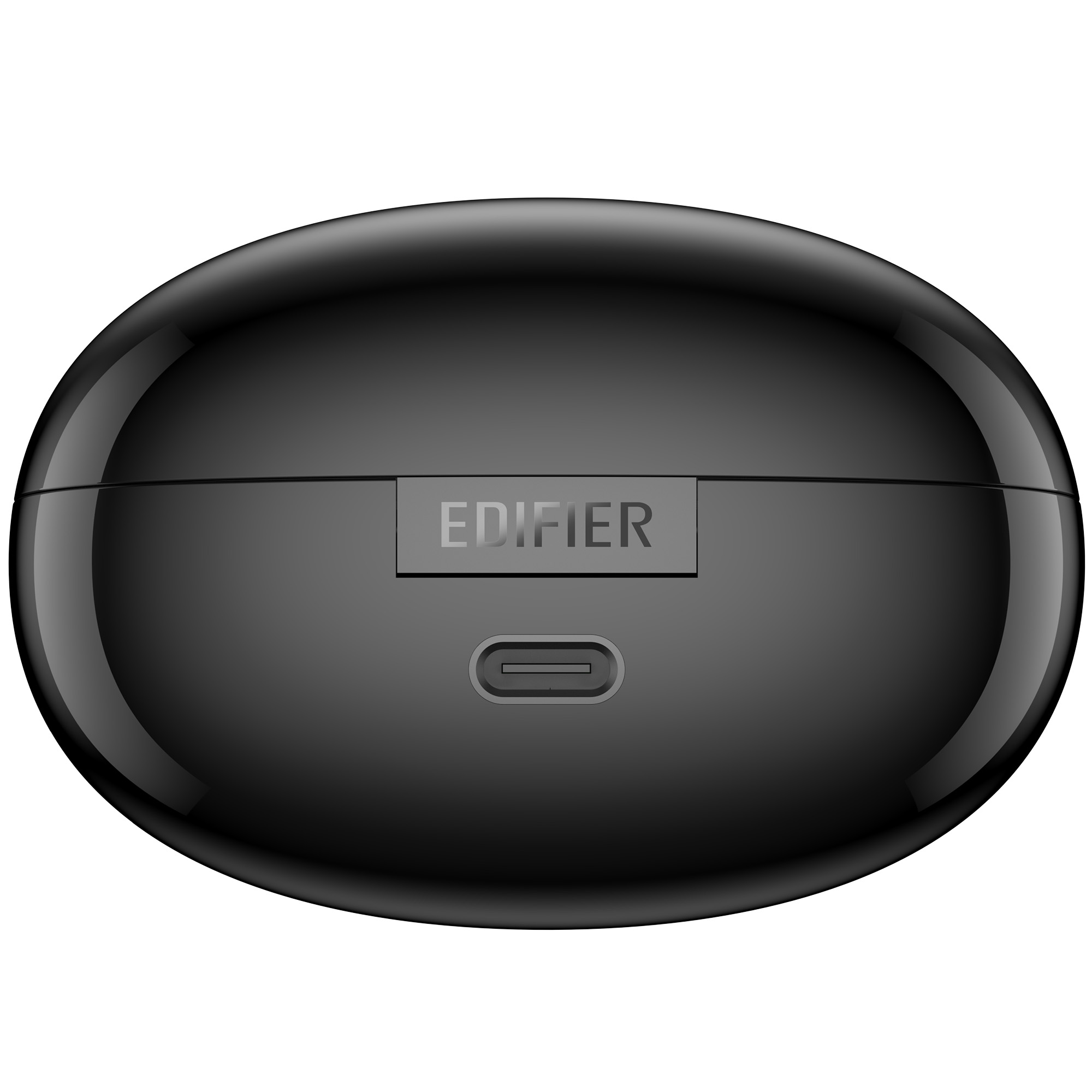 Zbliżenie czarnego, owalnego etui na słuchawki z napisem 'EDIFIER' i portem ładowania.