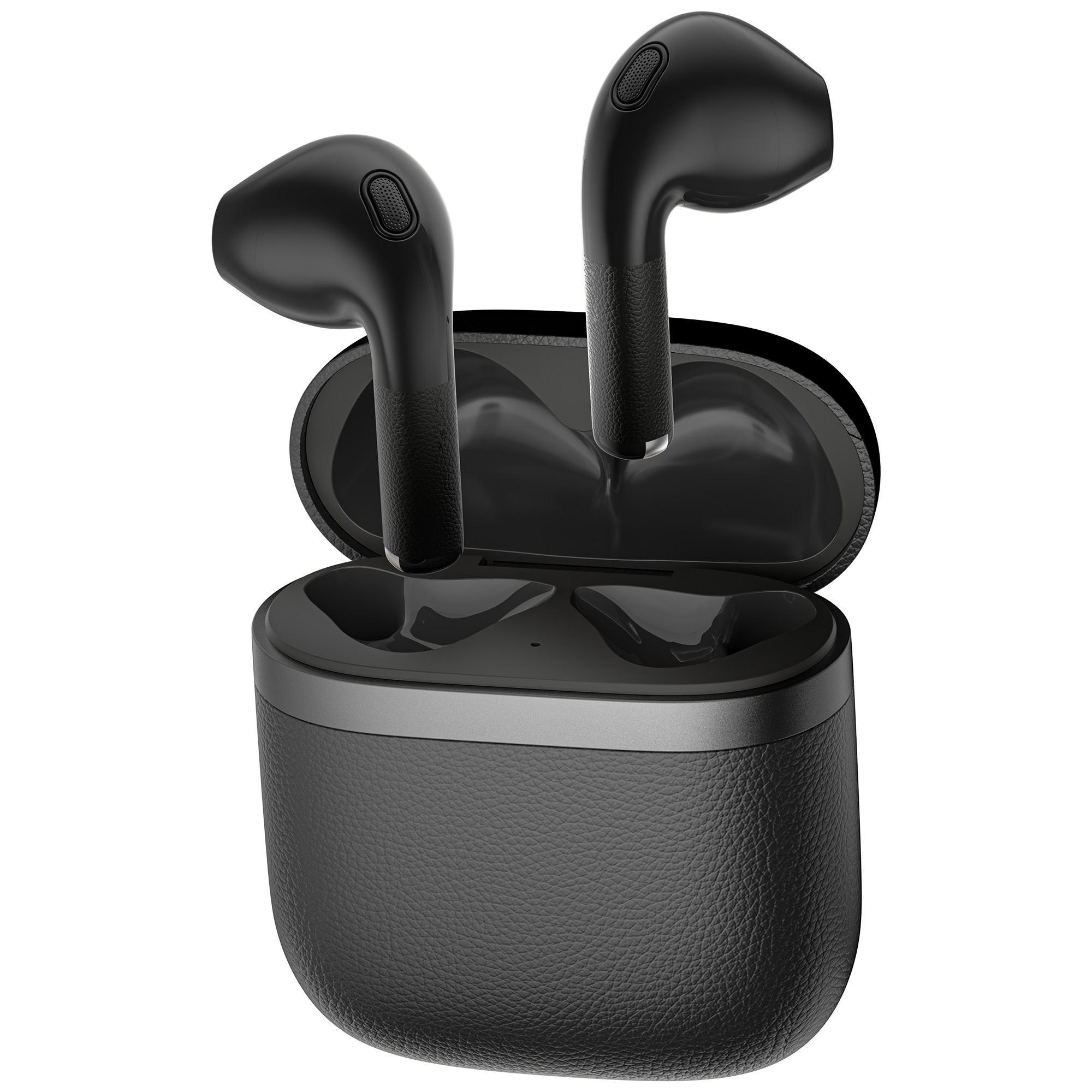 Czarne bezprzewodowe słuchawki w otwartym etui ładującym. Etui ma teksturowane wykończenie. Słuchawki znajdują się w etui.