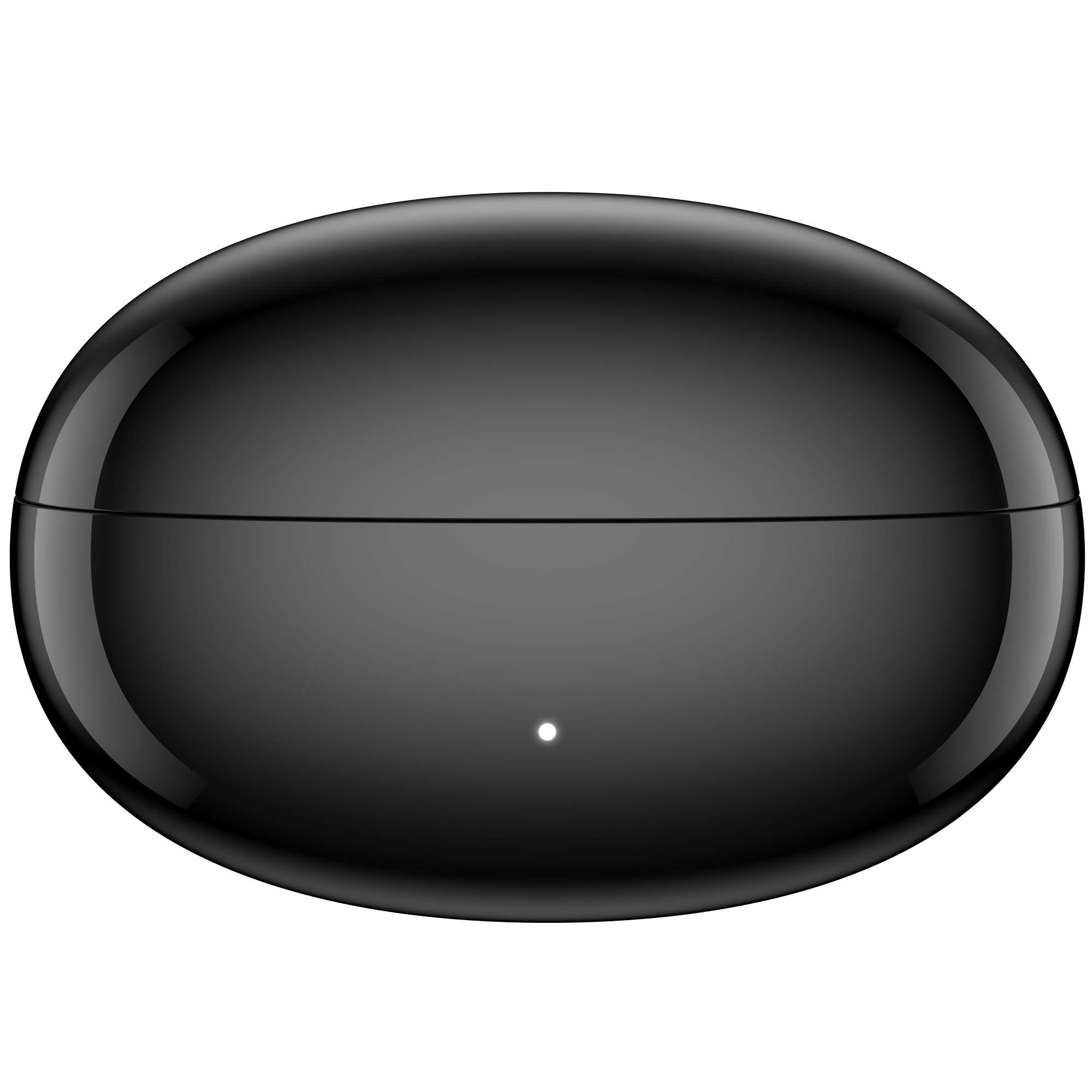 Błyszczące czarne, owalne etui ładujące na słuchawki. Ma poziomą linię i małe białe światło.