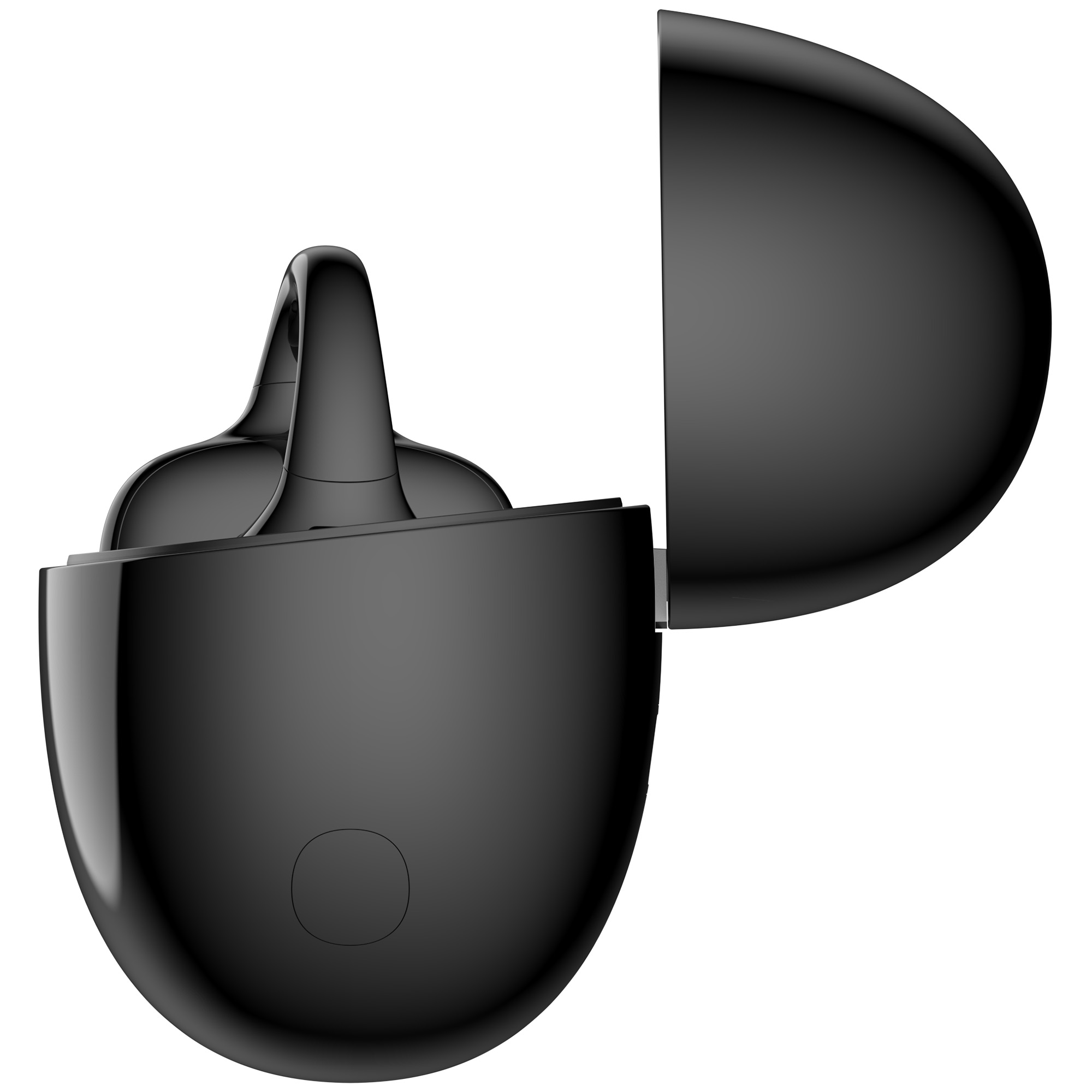 Czarny, otwarty futerał na słuchawki. Futerał jest owalny, z otwartą pokrywą. Słuchawki są w środku. Białe tło.