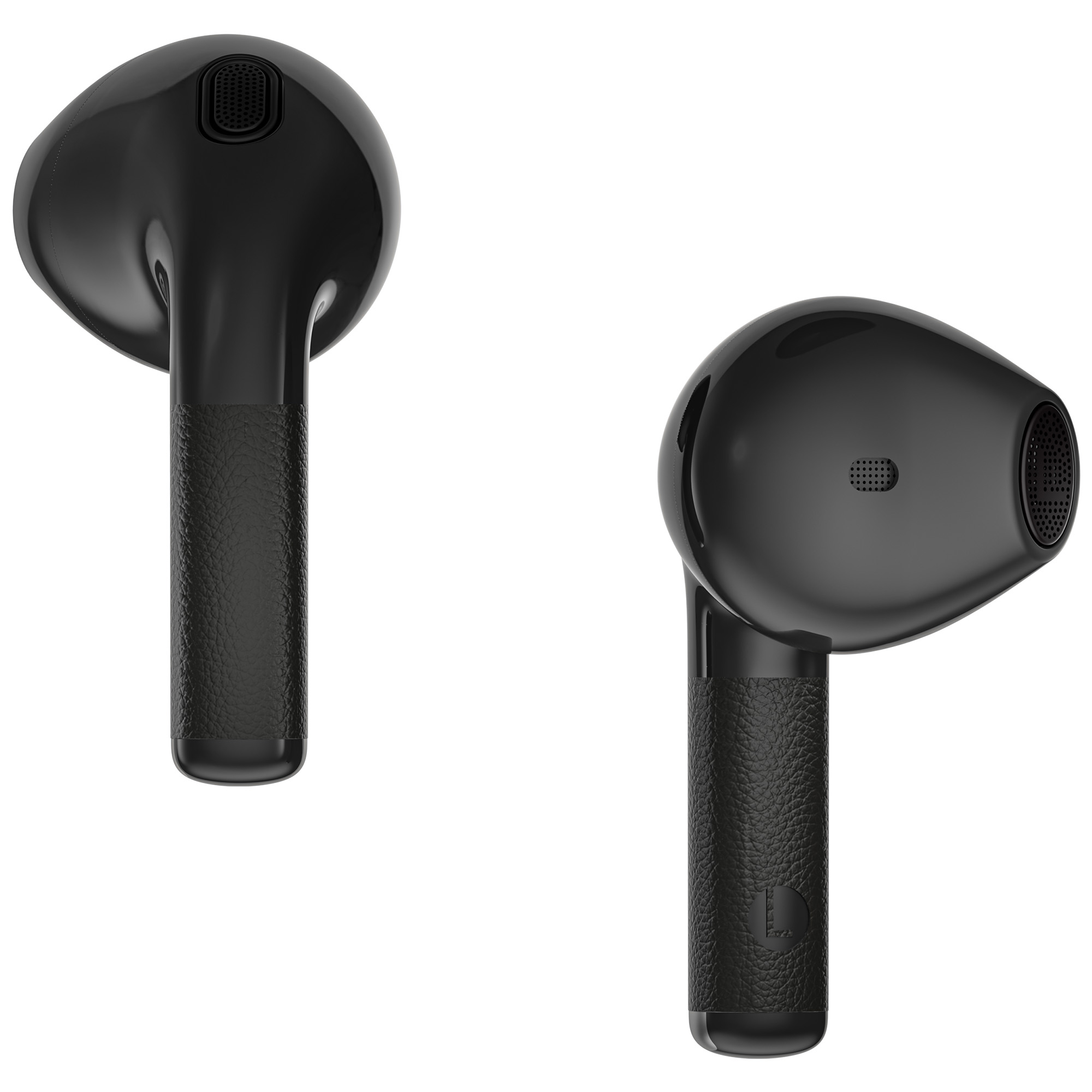 Dwa czarne bezprzewodowe słuchawki na białym tle. Każdy ma zaokrągloną górę i teksturowany trzon.