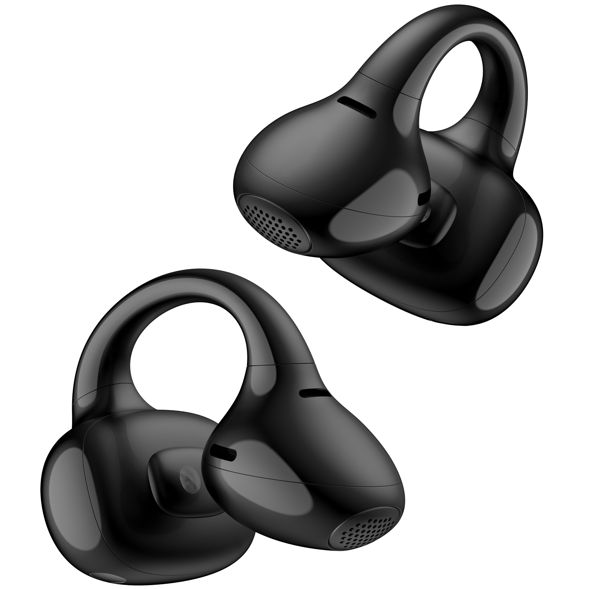 Dwa czarne bezprzewodowe słuchawki o unikalnym designie. Każda słuchawka ma zaokrąglony głośnik i zakrzywiony uchwyt.
